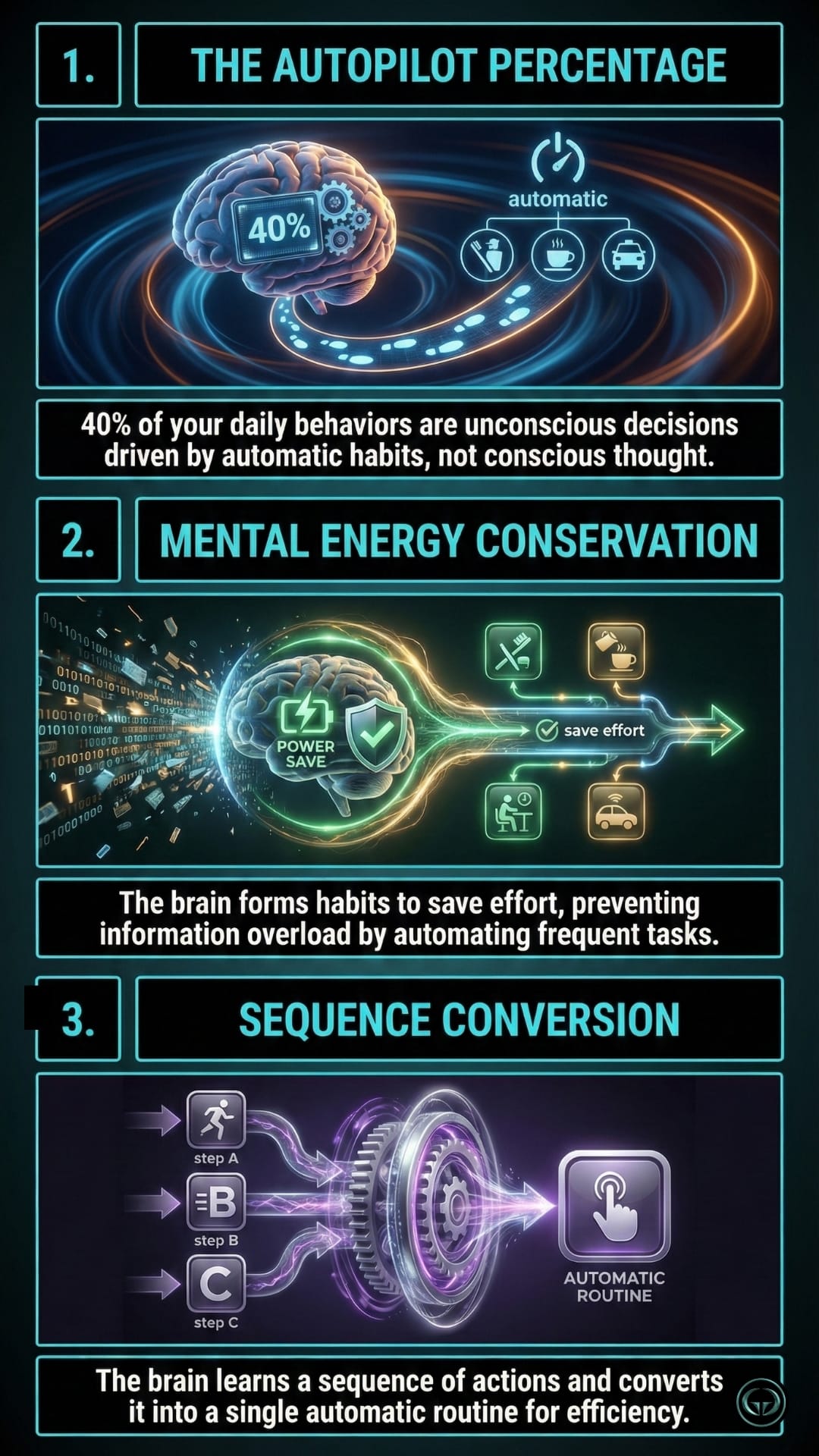 Panel 1: A graphic insight of the book 'The Power Of Habit' titled "The Autopilot Percentage," showing a brain with a "40%" digital display. It illustrates that 40% of daily behaviors are unconscious habits. Panel 2: A graphic insight of the book 'The Power Of Habit' titled "Mental Energy Conservation," depicting a brain in "Power Save" mode to show how habits prevent information overload. Panel 3: A graphic insight of the book 'The Power Of Habit' titled "Sequence Conversion," showing three steps (A, B, and C) being compressed into a single "Automatic Routine" gear.