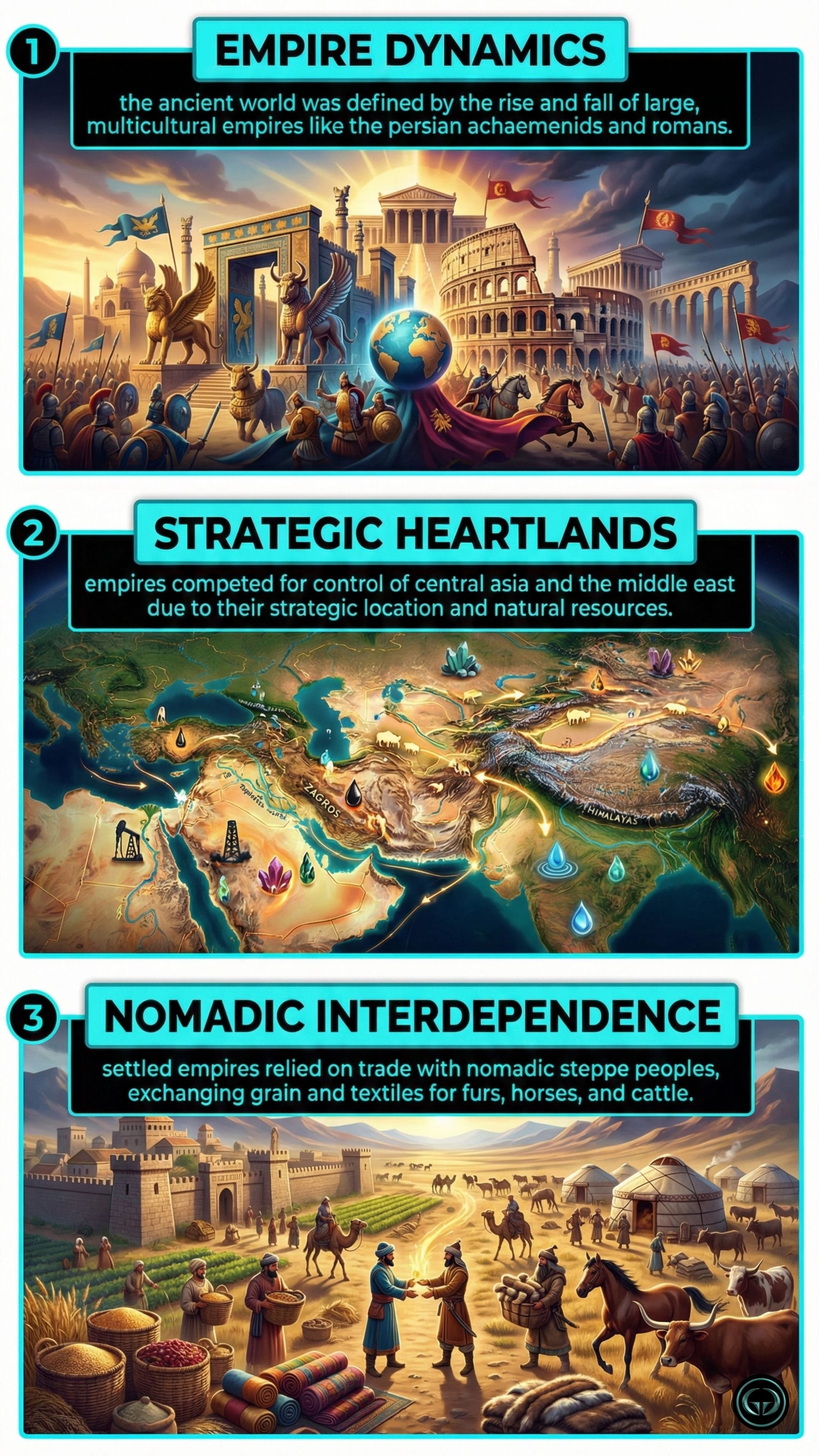 Infographic of The Silk Roads by Peter Frankopan: Panels 1-3 illustrate ancient Empire Dynamics of the Persians and Romans, the Strategic Heartlands of Central Asia, and the Nomadic Interdependence between settled empires and steppe tribes.