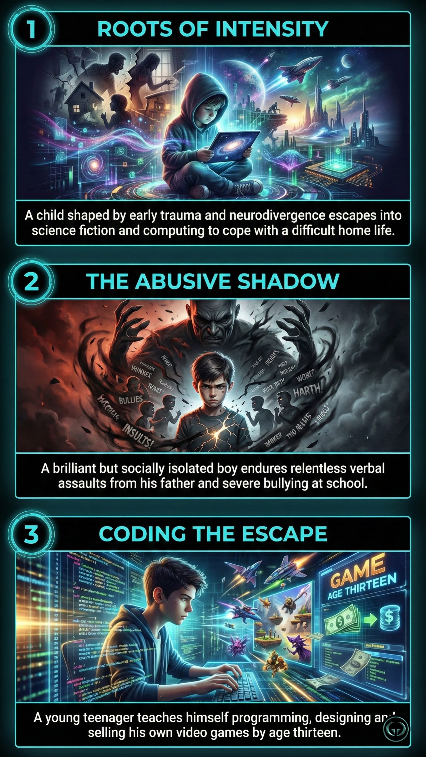 Infographic summarizing early life insights from Walter Isaacson's Elon Musk biography. Panel 1 (Roots of Intensity) shows a child escaping into sci-fi to cope with trauma. Panel 2 (The Abusive Shadow) depicts a boy facing bullying and a difficult father. Panel 3 (Coding the Escape) illustrates a teenager teaching himself programming and game design.