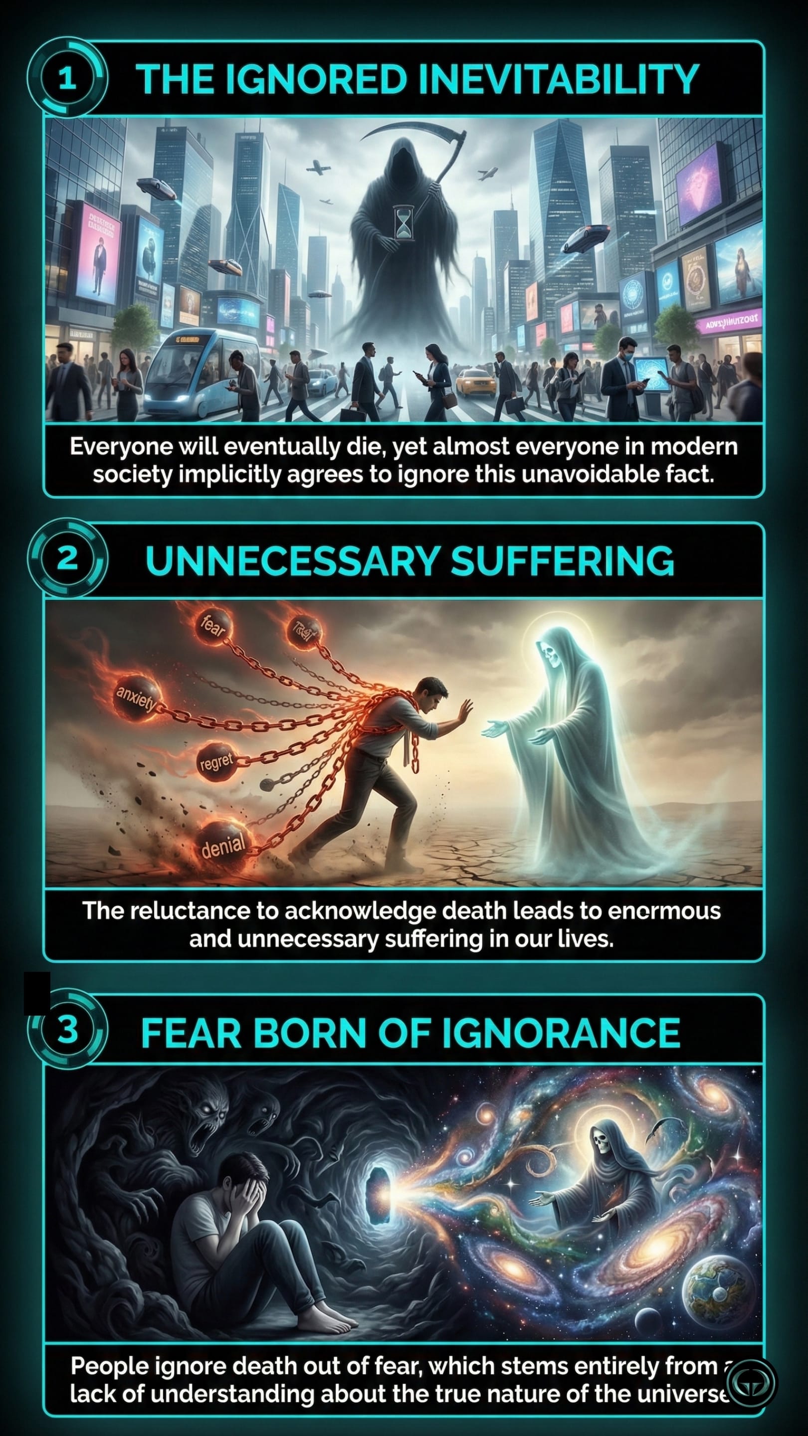 Infographic summary of Sadhguru's book Death featuring insights on the ignored inevitability of mortality, unnecessary suffering from denial, and fear born of ignorance about the universe's nature.