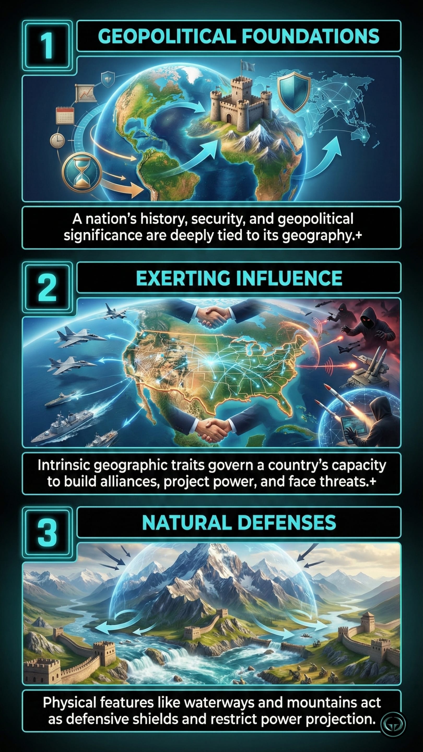 Panel 1: Geopolitical Foundations. A stylized 3D globe showing a stone fortress built atop a mountain range, symbolizing the link between geography and security. Icons for history, time, and defense (a shield) orbit the planet.  Panel 2: Exerting Influence. A map of the United States with glowing network lines, flanked by two hands shaking and various military assets (jets, naval ships). Dark silhouettes of hackers and soldiers on the periphery represent external threats and the projection of power.  Panel 3: Natural Defenses. A landscape showing a mountain range and a river acting as a "bubble shield" over a valley. A Great Wall-style fortification runs through the terrain, illustrating how physical features restrict invasion and power projection.