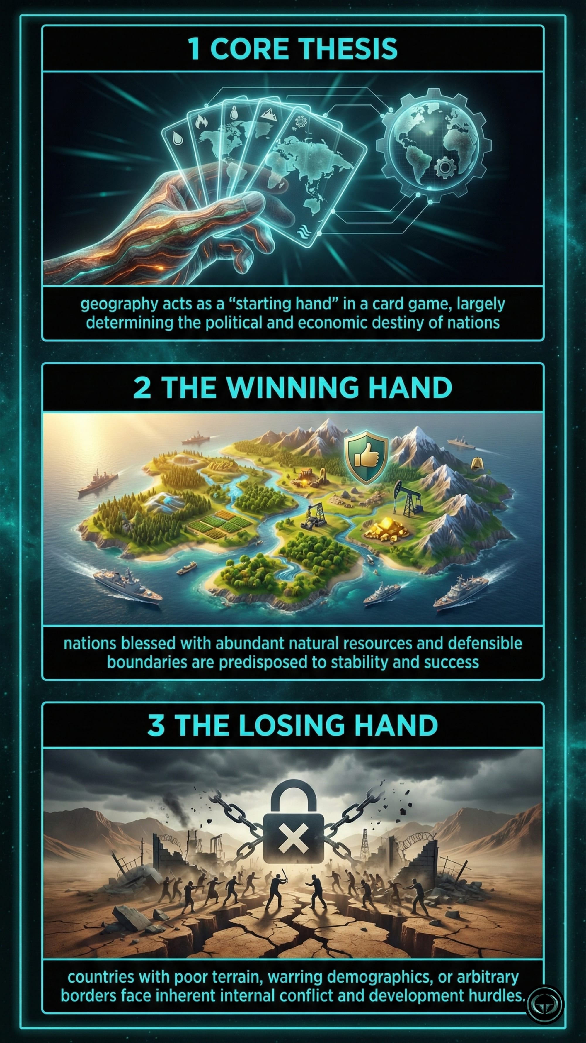 Infographic explaining geographic determinism with three panels: 1) Core Thesis comparing geography to a starting hand in a card game; 2) The Winning Hand showing a lush, resource-rich island with defensible mountains; 3) The Losing Hand showing a cracked desert landscape with internal conflict and arbitrary borders.