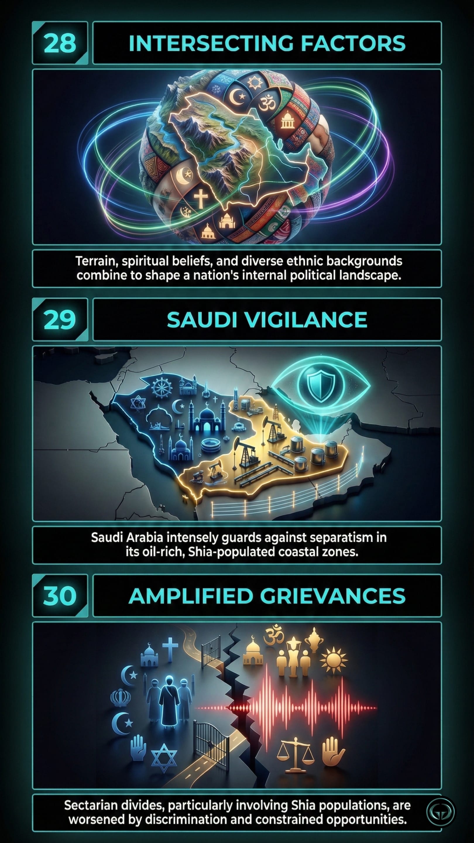 Insight 28: Intersecting Factors. A glowing 3D globe showing the Arabian Peninsula, wrapped in neon rings and surrounded by various religious and ethnic symbols, visualizing how terrain, belief, and ethnicity combine to shape internal politics.  Insight 29: Saudi Vigilance. A dark, high-tech map of Saudi Arabia where the oil-rich eastern coastal zone is highlighted in gold. A giant, glowing blue "eye" icon with a shield hovers over it, symbolizing the state's intense guard against separatism.  Insight 30: Amplified Grievances. A conceptual graphic showing a dark chasm separating various religious icons. On one side, a group of blue figures stands behind a gate, while on the other, golden symbols of prosperity glow, representing how discrimination worsens sectarian divides.