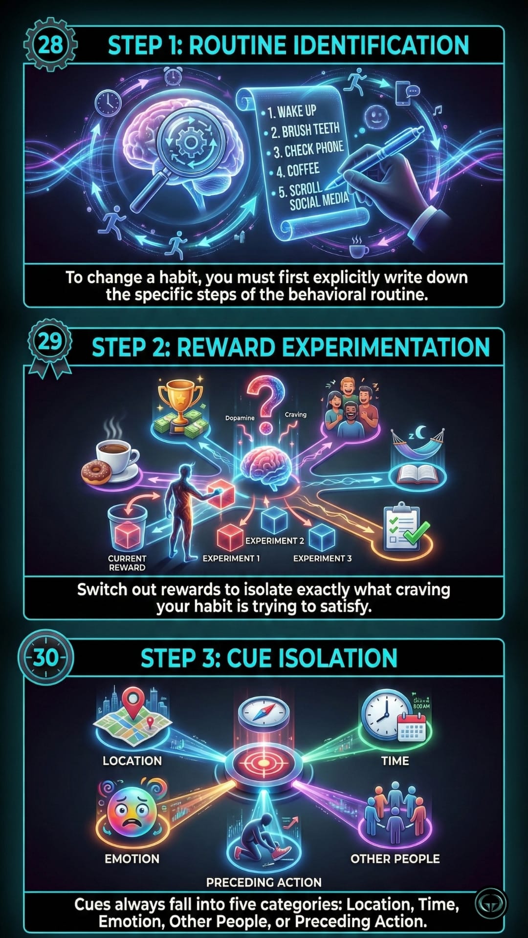 Panel 28: A graphic insight of the book 'The Power Of Habit' titled "Step 1: Routine Identification," showing a hand writing down a list of daily actions like "Wake Up" and "Check Phone." Panel 29: A graphic insight of the book 'The Power Of Habit' titled "Step 2: Reward Experimentation," showing a person testing different "reward cubes" (coffee, social time, rest) to isolate a craving. Panel 30: A graphic insight of the book 'The Power Of Habit' titled "Step 3: Cue Isolation," showing a central target surrounded by five categories: Location, Time, Emotion, Other People, and Preceding Action.