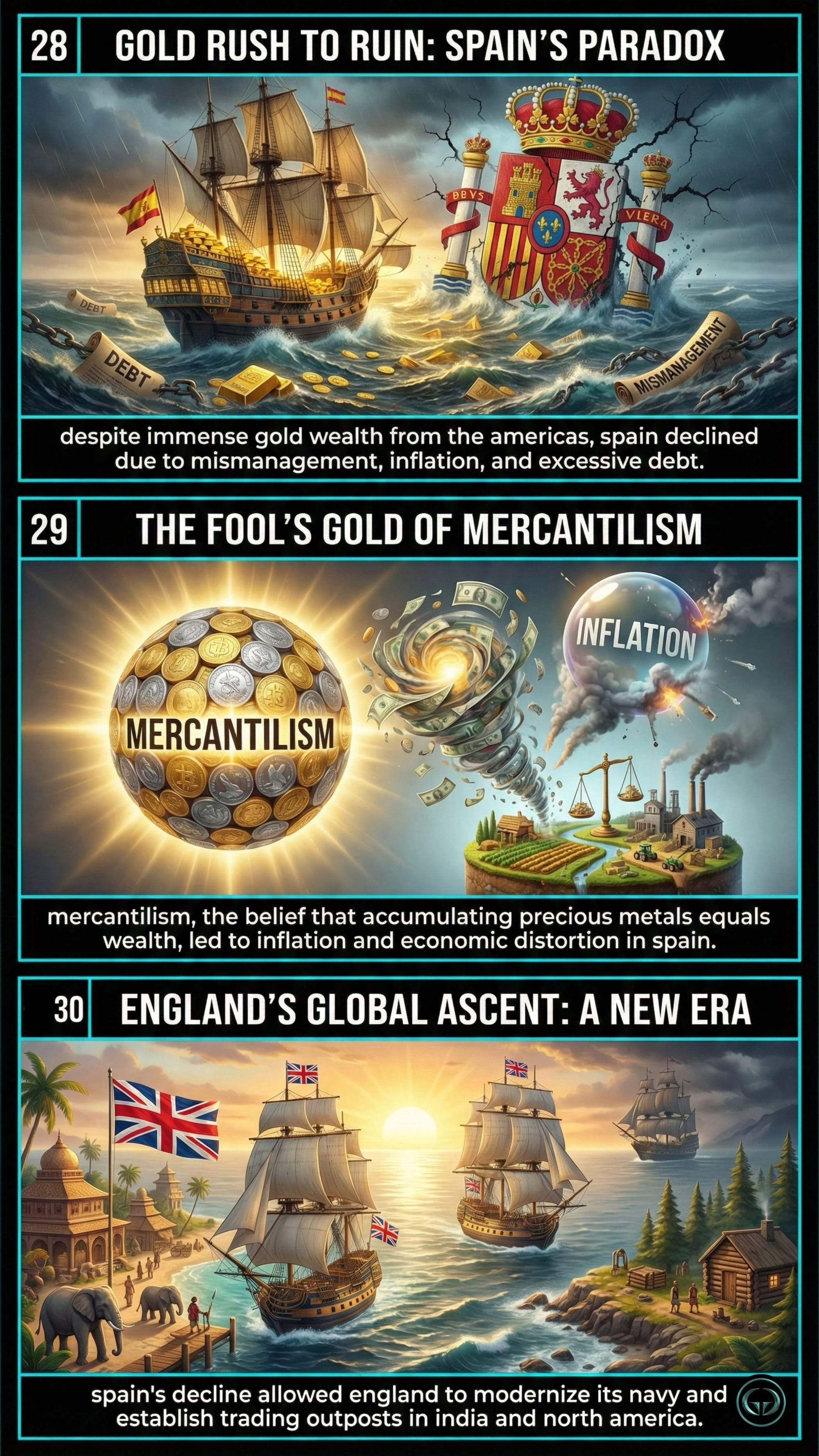 The rise and fall of empires: Panel 28 shows Spain’s economic ruin despite gold wealth; Panel 29 explains the failures of Mercantilism; Panel 30 depicts England’s global ascent with trading outposts in India and North America.