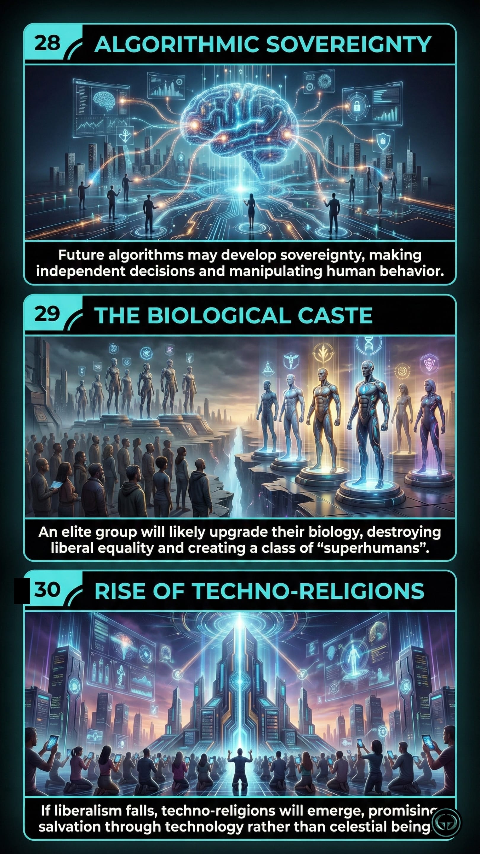 Visual breakdown of Homo Deus book points: algorithmic sovereignty over human behavior, the emergence of a biological caste of superhumans, and the rise of techno-religions.