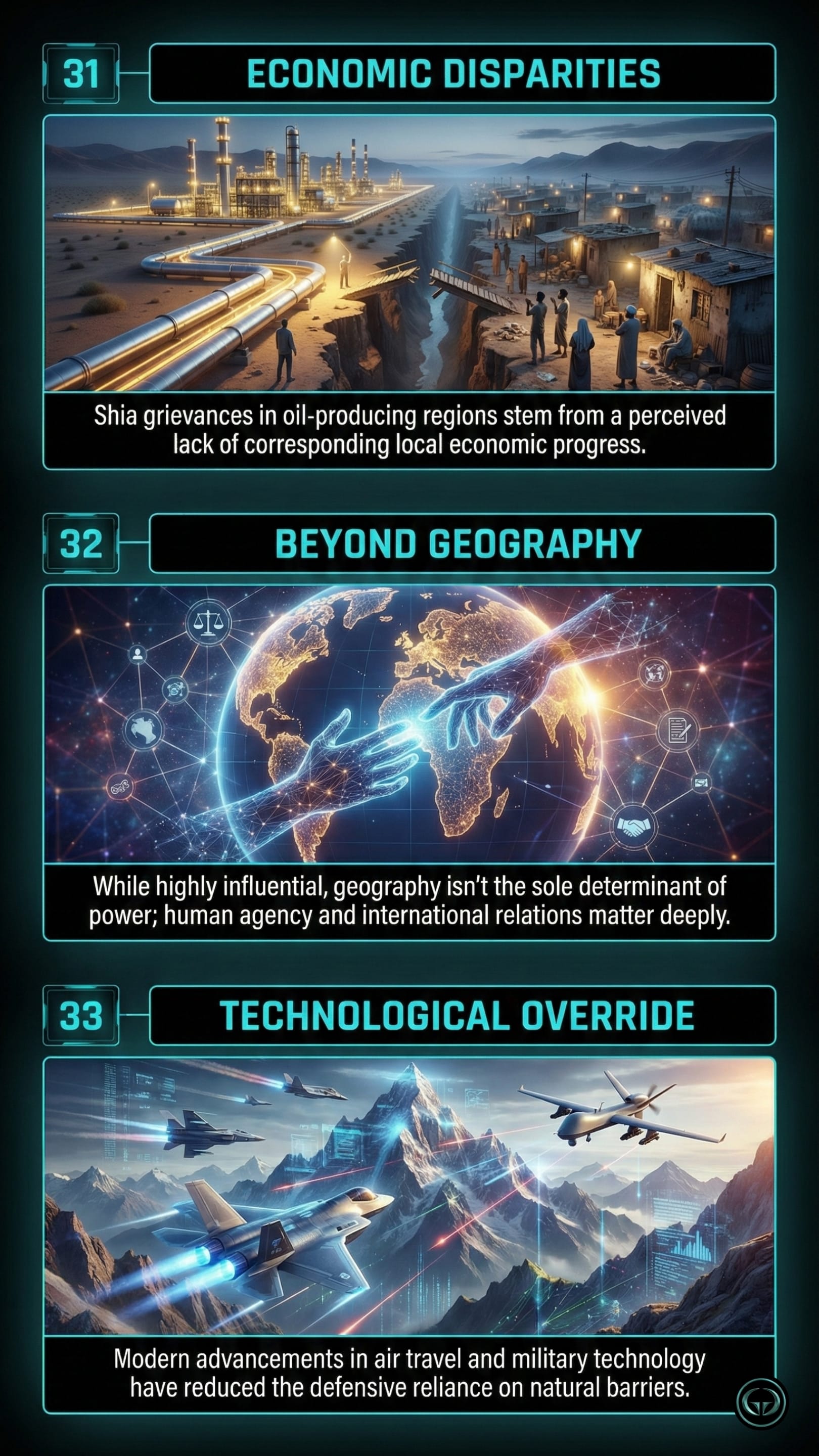 Insight 31: Economic Disparities. A visual of a deep trench separating a glowing, modern oil refinery with bright pipelines from a poor village with shacks and people in shadows, illustrating the lack of local economic progress in oil-producing regions.  Insight 32: Beyond Geography. An artistic render of two giant, translucent digital hands reaching out to clasp each other over a glowing network-covered Earth, symbolizing that human agency and international relations are as vital as physical geography.  Insight 33: Technological Override. A futuristic scene of advanced fighter jets and a large military drone flying over snow-capped mountains. Digital HUD overlays suggest that modern technology reduces the defensive importance of natural barriers.