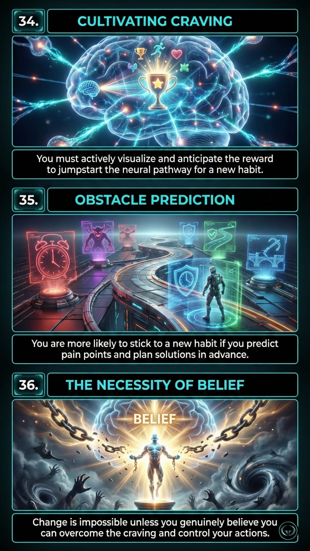 Panel 34 (Cultivating Craving): A digital graphic insight from the book 'The Power Of Habit' showing a glowing human brain with active neural pathways. A trophy icon sits at the center of a burst of light, representing the mental process of visualizing and anticipating a reward to jumpstart a new habit. Panel 35 (Obstacle Prediction): A digital graphic insight from the book 'The Power Of Habit' featuring a sci-fi character walking down a winding path filled with holographic red "danger" obstacles and green "solution" shields. It illustrates the importance of predicting pain points and planning solutions in advance. Panel 36 (The Necessity of Belief): A digital graphic insight from the book 'The Power Of Habit' showing a powerful, glowing figure breaking heavy metal chains. The word "BELIEF" shines above them as they rise out of a dark, swirling mist of hands, symbolizing the internal conviction required to overcome cravings and maintain change.