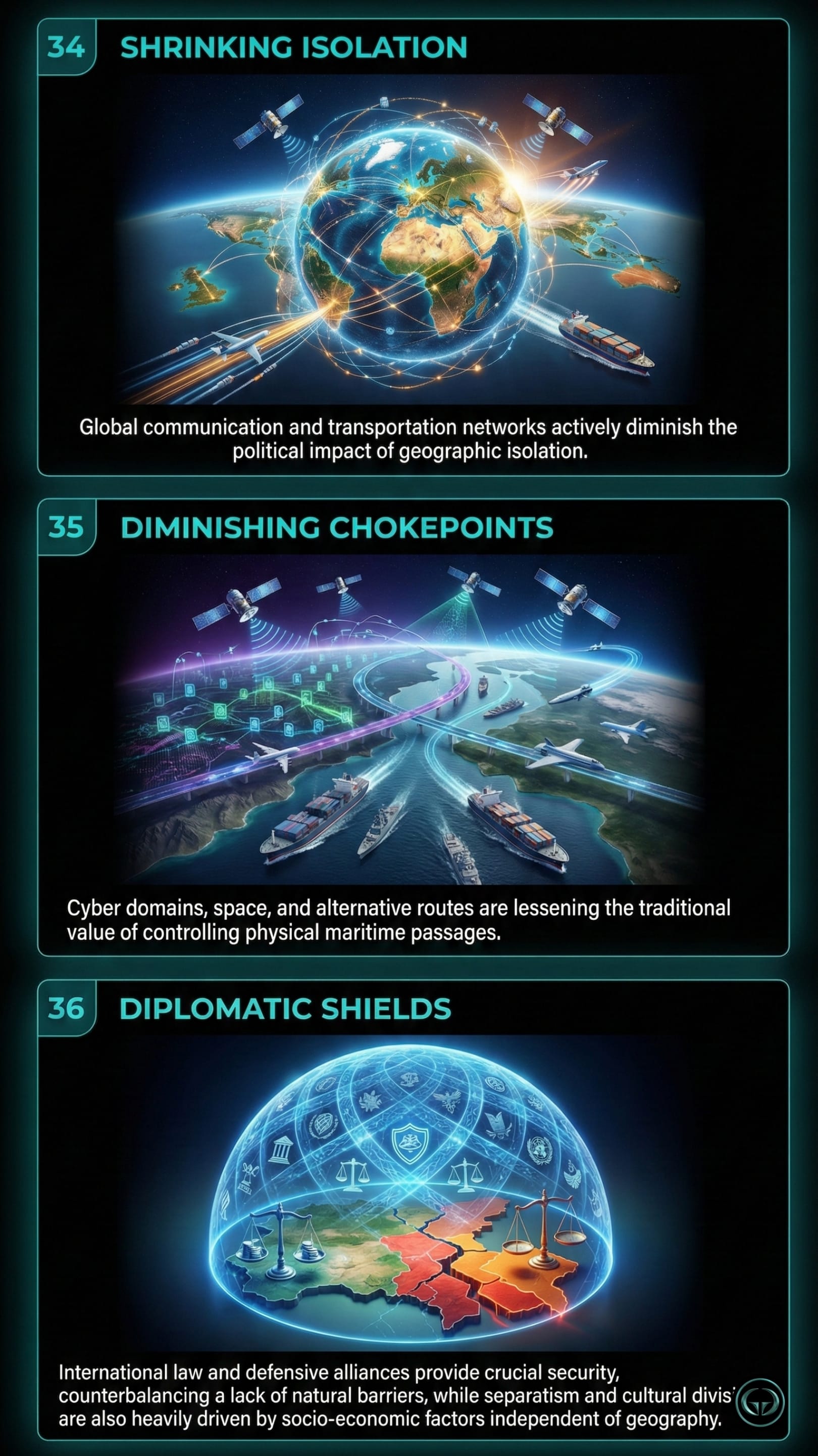 Insight 34: Shrinking Isolation. A digital globe crisscrossed by glowing lines representing flight paths and shipping routes, with satellites orbiting above, showing how global communication and transport diminish the impact of isolation.  Insight 35: Diminishing Chokepoints. A wide-angle view of a maritime strait filled with cargo ships and naval vessels, overlaid with glowing digital networks and satellites, illustrating how cyber domains and space are lessening the value of physical maritime passages.  Insight 36: Diplomatic Shields. A glowing, blue digital dome or "force field" covered in legal and diplomatic icons (scales of justice, seals, gavels) protecting a divided map below, representing how international law and alliances provide security regardless of geography.