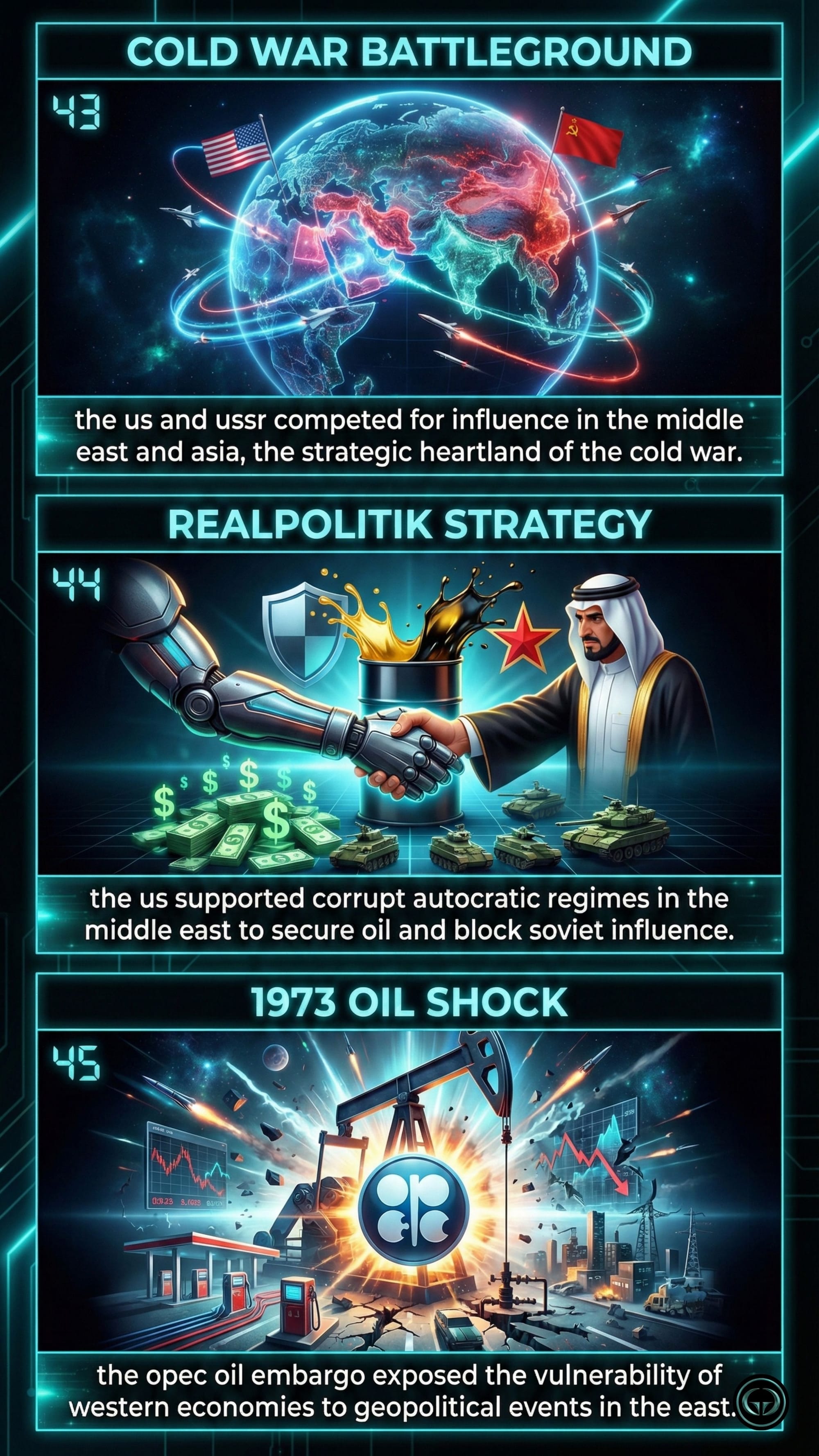 Historical analysis from The Silk Roads. Panel 43: Cold War battleground map showing US and USSR competition for influence in the Middle East. Panel 44: US Realpolitik strategy supporting autocratic regimes for oil security. Panel 45: The 1973 OPEC oil shock and its impact on Western economic vulnerability.