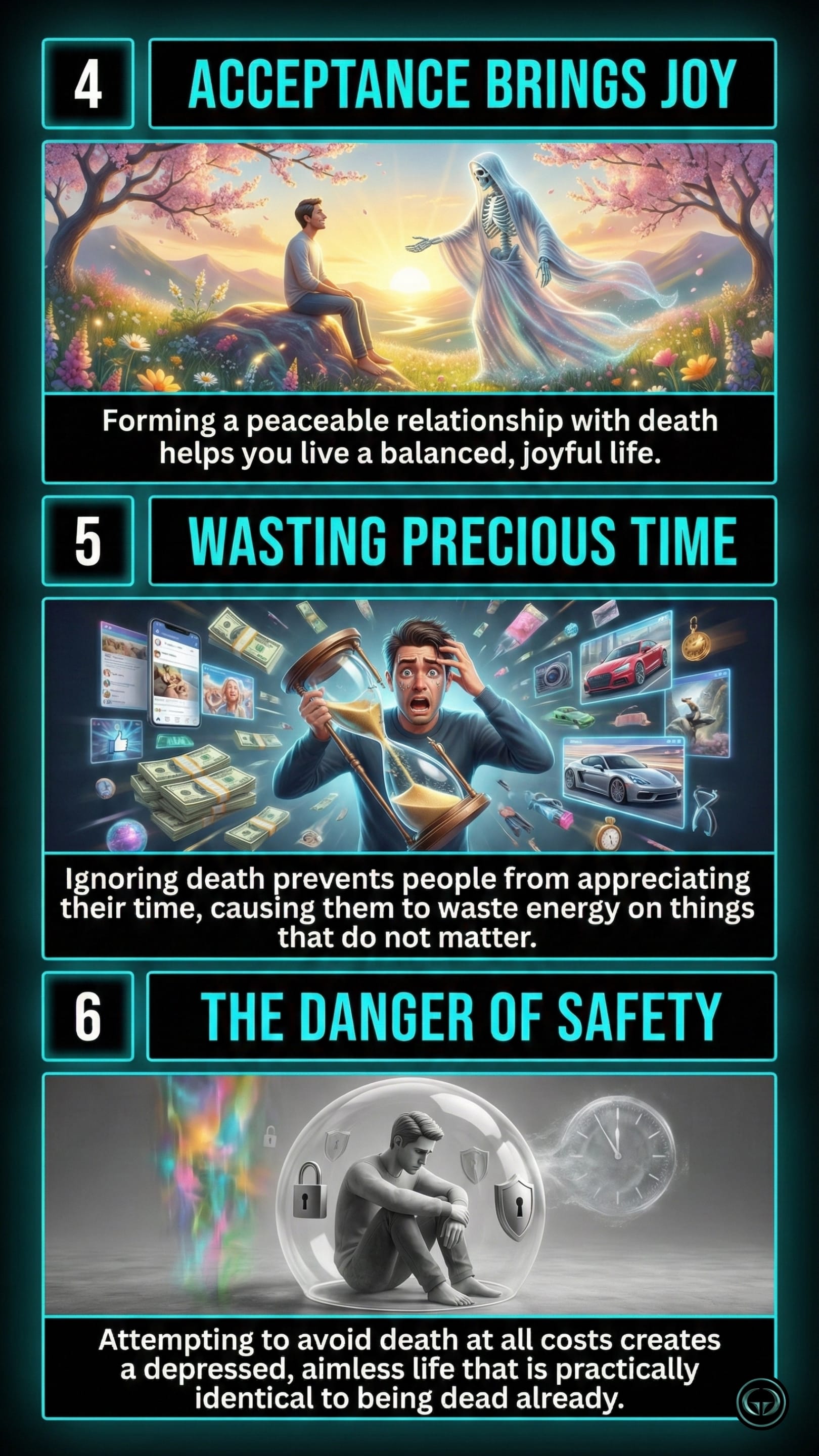 Graphic panels from Sadhguru’s Death book explaining how acceptance brings joy, the danger of wasting time on materialistic things, and how avoiding death leads to an aimless life.