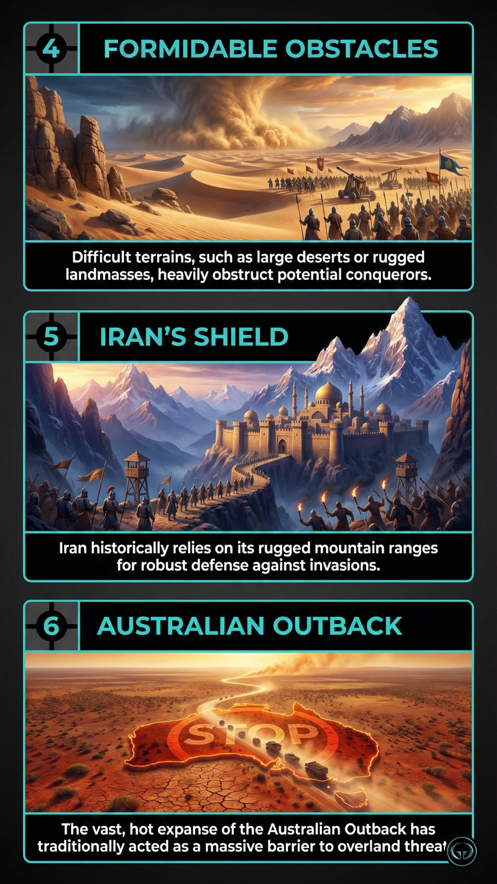 Panel 4: Formidable Obstacles. A vast, sand-swept desert with massive dunes. An ancient-style army with horse-drawn artillery is shown struggling to cross the terrain, emphasizing how deserts obstruct conquerors.  Panel 5: Iran’s Shield. A fortified Persian-style palace nestled high within jagged, snow-capped mountains. A line of soldiers guards a narrow mountain path, depicting Iran’s historical reliance on rugged terrain for defense.  Panel 6: Australian Outback. An orange-tinted map of Australia superimposed on cracked, arid earth. A large "STOP" sign is placed over the center, with a convoy of military trucks stalled on a long, lonely road to represent the Outback as a natural barrier.