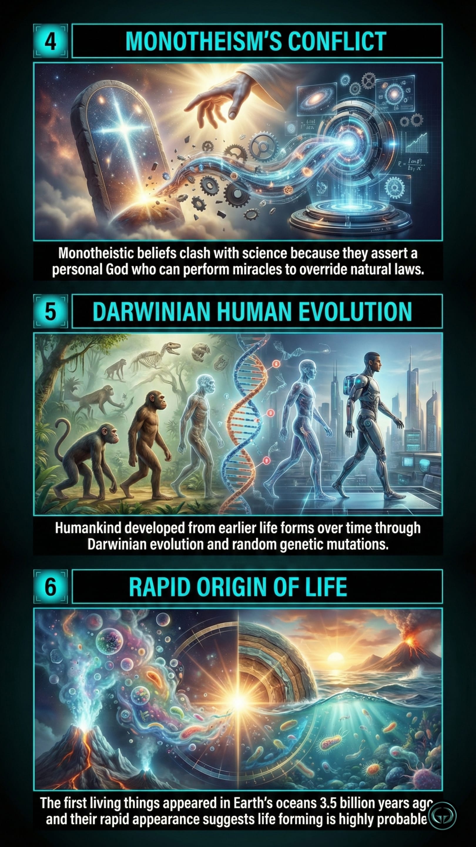 Brief Answers to the Big Questions by Stephen Hawking infographic on Graphic Gyaan. Three graphic panels depict insights 4 to 6: Monotheism's Conflict with science, Darwinian Human Evolution, and the Rapid Origin of Life.