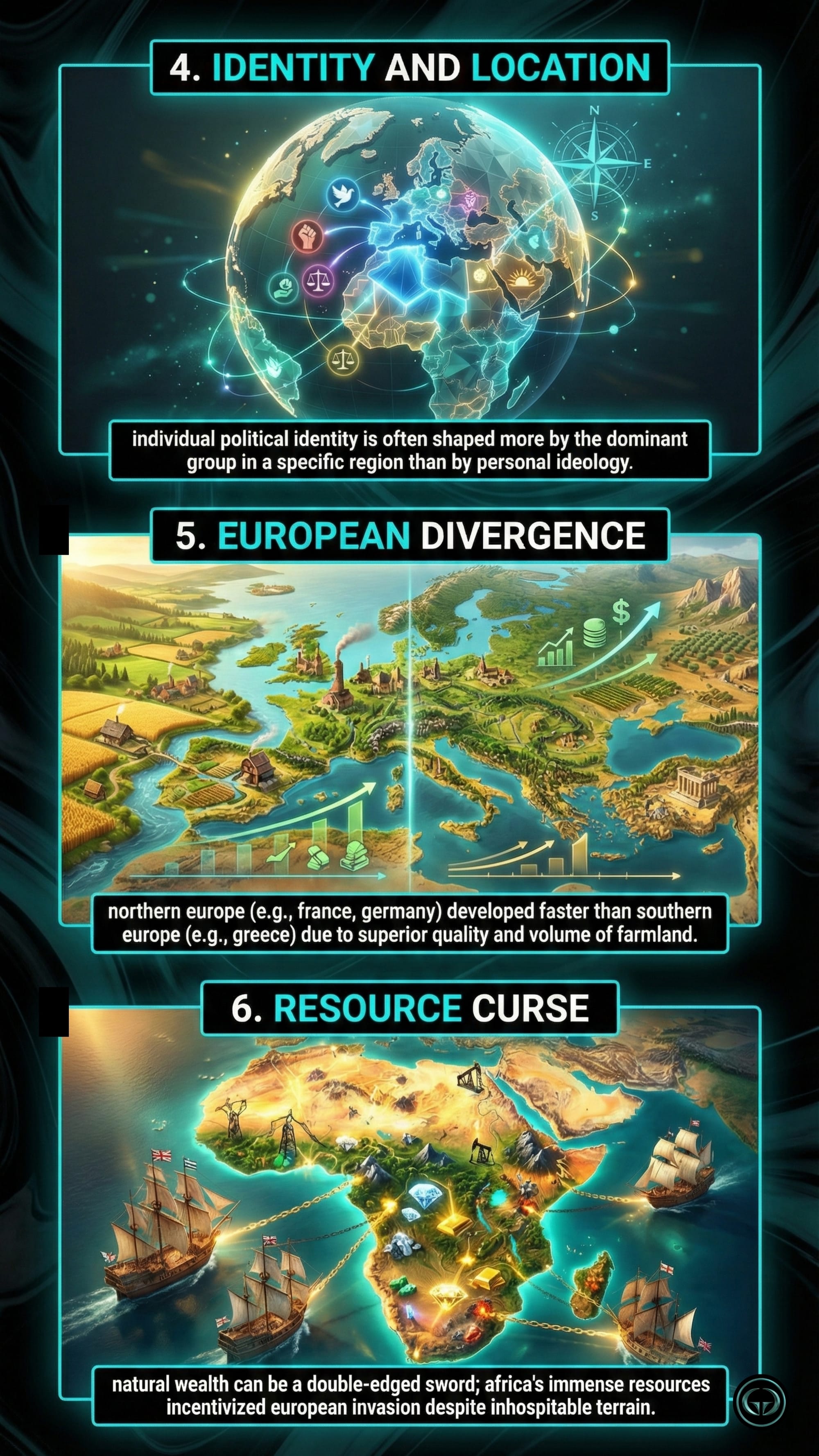 Educational graphic on geopolitical factors: 4) Identity and Location illustrating how regional dominance shapes political identity; 5) European Divergence comparing Northern Europe's fertile farmland and rapid growth to Southern Europe; 6) Resource Curse showing how Africa's natural wealth and gold incentivized colonial invasion.