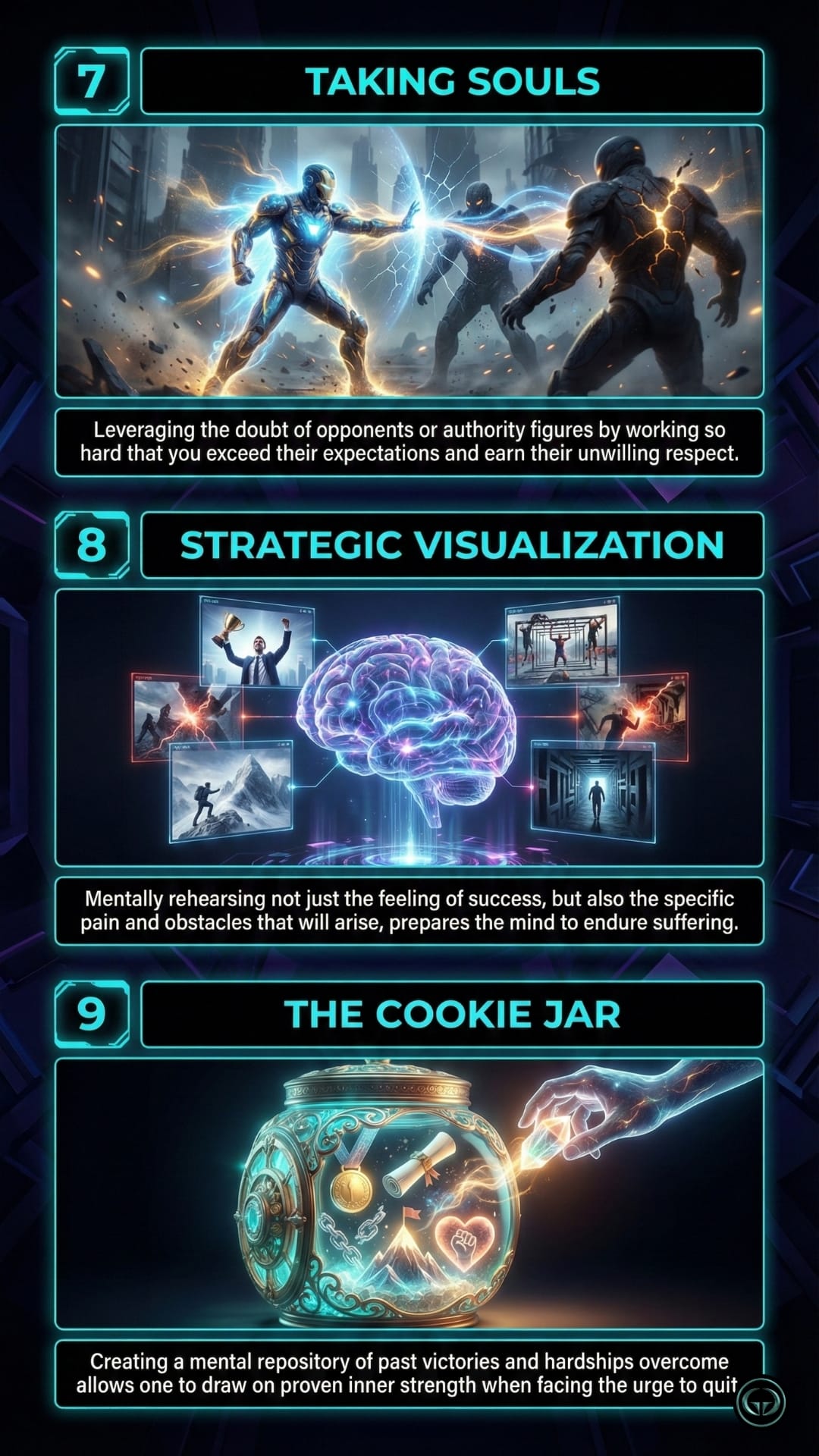 An infographic panel displaying three mindset strategies numbered 7 through 9. 7. Taking Souls: An illustration of two armored figures clashing with energy beams. The text reads, "Leveraging the doubt of opponents or authority figures by working so hard that you exceed their expectations and earn their unwilling respect." 8. Strategic Visualization: An illustration of a glowing brain surrounded by screens showing athletic feats and challenges. The text reads, "Mentally rehearsing not just the feeling of success, but also the specific pain and obstacles that will arise, prepares the mind to endure suffering." 9. The Cookie Jar: An illustration of a glowing, ornate jar filled with medals, scrolls, and crystals. The text reads, "Creating a mental repository of past victories and hardships overcome allows one to draw on proven inner strength when facing the urge to quit."An infographic panel displaying three mindset strategies numbered 4 through 6. 4. Brutal Self-Honesty: An illustration of a man looking into a shattered mirror with labels like "Inadequate" and "No Shortcuts." The text reads, "Replacing gentle internal dialogue with harsh truths about one’s lack of skill or intelligence creates the necessary urgency to study and improve behavior." 5. Callousing the Mind: An illustration of a muscular arm turning into rock and ice while shielding a brain. The text reads, "Deliberately engaging in uncomfortable or disliked activities regularly builds the mental tolerance required to prevent fear from stopping progress." 6. Redirecting Negative Energy: An illustration of a figure lifting weights while absorbing dark swirls labeled "Depression" and "Doubt," turning them into light. The text reads, "Channeling feelings of depression, doubt, or external racism into intense physical effort transforms negative emotions into productive fuel for achieving goals."