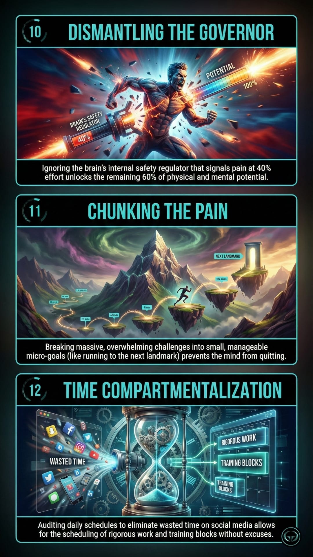 An infographic panel displaying three mindset strategies numbered 1 through 3. 1. Confronting a Bad Hand: An illustration of a hand breaking through chains amidst flying playing cards. The text reads, "Acknowledging past trauma and difficult circumstances acts as the first step toward strength, rather than ignoring the factors that hindered early growth." 2. The Struggles Inventory: An illustration of an open scroll listing hardships like "Abusive Upbringing" and "Financial Hardship" connected by arrows. The text reads, "Listing all life difficulties, from abusive upbringings to current workplace limitations, provides a clear baseline to begin confronting obstacles." 3. The Accountability Mirror: An illustration of a man looking into a mirror covered in sticky notes with goals like "Lose Weight" and "Write a Book." The text reads, "Placing specific goals on a physical mirror forces a daily confrontation with one’s reflection, demanding accountability and truth rather than excuses."