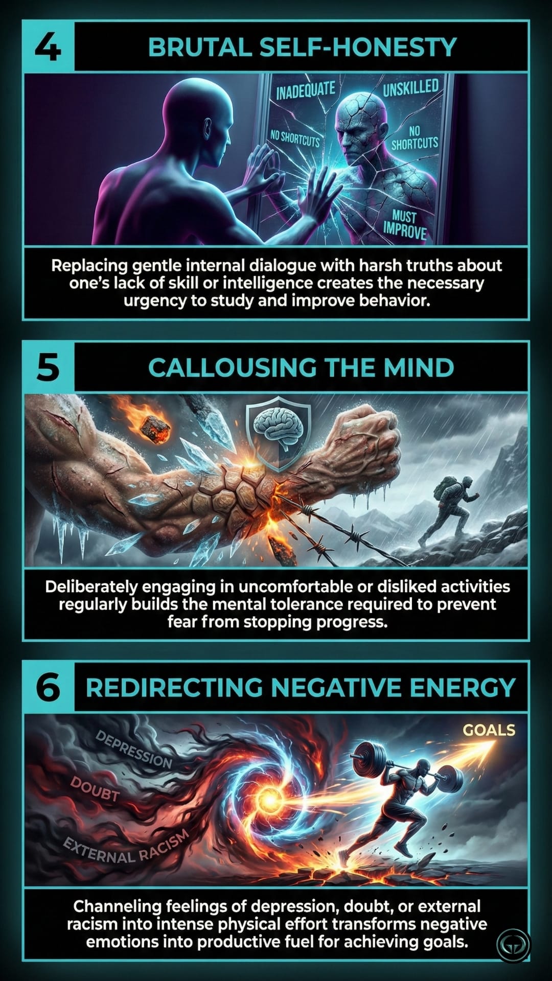 An infographic panel displaying three mindset strategies numbered 10 through 12. 10. Dismantling the Governor: An illustration of a muscular figure breaking a gauge labeled "Potential," pushing past a 40% limit. The text reads, "Ignoring the brain’s internal safety regulator that signals pain at 40% effort unlocks the remaining 60% of physical and mental potential." 11. Chunking the Pain: An illustration of a runner ascending a mountain by hopping between small floating islands labeled with distances. The text reads, "Breaking massive, overwhelming challenges into small, manageable micro-goals (like running to the next landmark) prevents the mind from quitting." 12. Time Compartmentalization: An illustration of an hourglass filtering social media icons into organized blocks of "Rigorous Work" and "Training." The text reads, "Auditing daily schedules to eliminate wasted time on social media allows for the scheduling of rigorous work and training blocks without excuses."