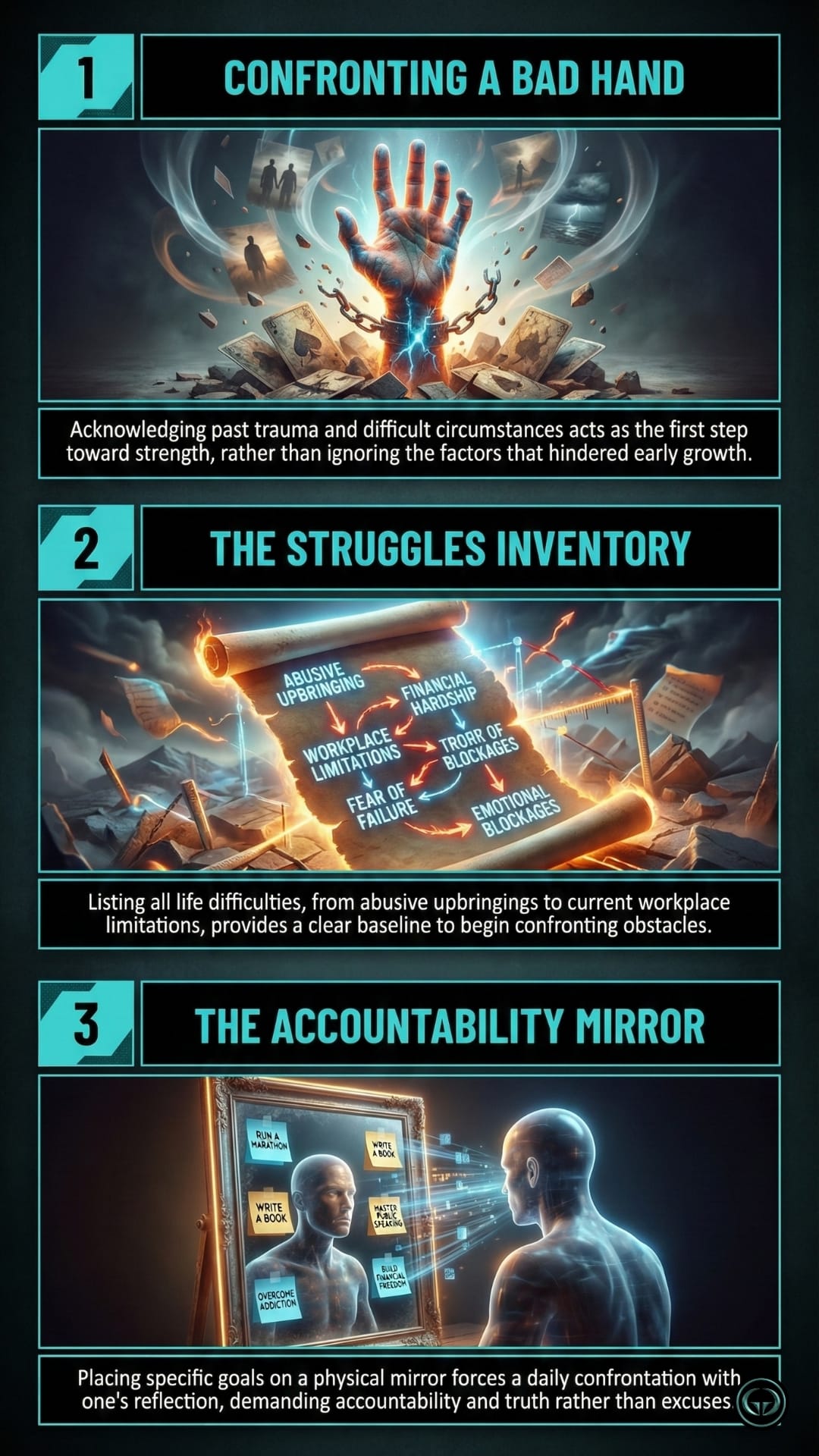 An infographic panel displaying three mindset strategies numbered 7 through 9. 7. Taking Souls: An illustration of two armored figures clashing with energy beams. The text reads, "Leveraging the doubt of opponents or authority figures by working so hard that you exceed their expectations and earn their unwilling respect." 8. Strategic Visualization: An illustration of a glowing brain surrounded by screens showing athletic feats and challenges. The text reads, "Mentally rehearsing not just the feeling of success, but also the specific pain and obstacles that will arise, prepares the mind to endure suffering." 9. The Cookie Jar: An illustration of a glowing, ornate jar filled with medals, scrolls, and crystals. The text reads, "Creating a mental repository of past victories and hardships overcome allows one to draw on proven inner strength when facing the urge to quit."