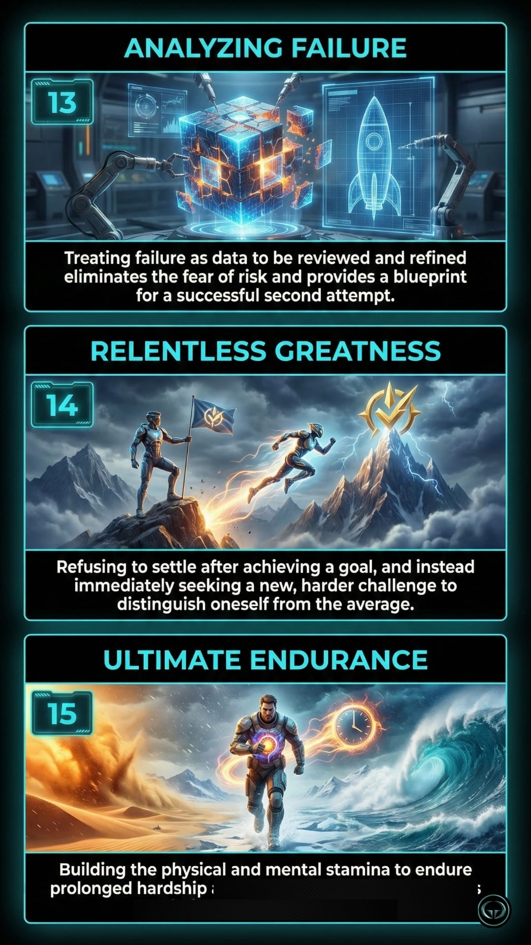 An infographic panel displaying three mindset strategies numbered 13 through 15. 13. Analyzing Failure: An illustration of robotic arms examining a glowing blue cube blueprint. The text reads, "Treating failure as data to be reviewed and refined eliminates the fear of risk and provides a blueprint for a successful second attempt." 14. Relentless Greatness: An illustration of a figure standing on a mountain peak, looking toward a floating golden emblem in the sky. The text reads, "Refusing to settle after achieving a goal, and instead immediately seeking a new, harder challenge to distinguish oneself from the average." 15. Ultimate Endurance: An illustration of a man walking forward through fire and ice, with a clock symbol on his chest. The text reads, "Building the physical and mental stamina to endure prolonged hardship."