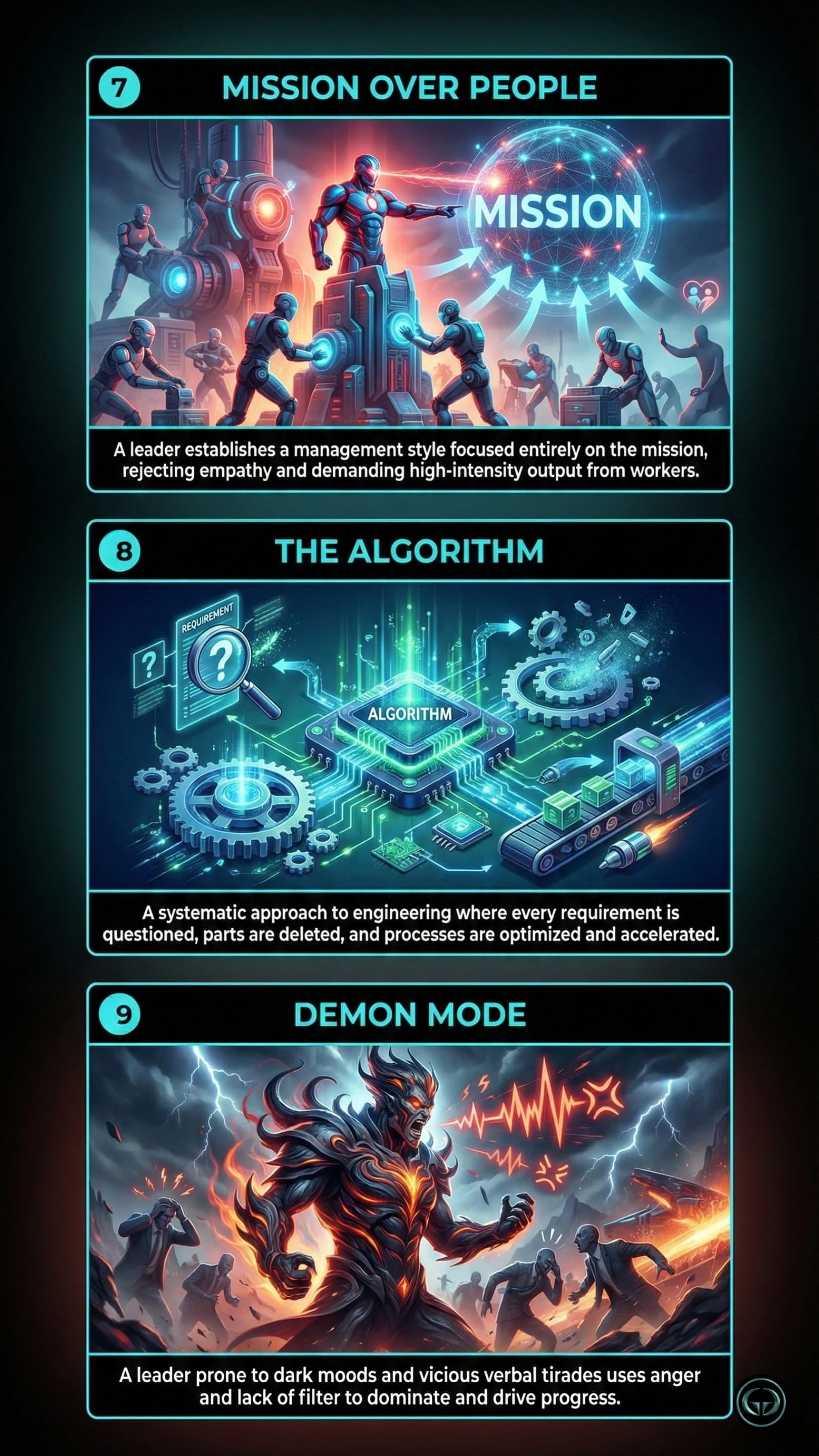 Infographic detailing Elon Musk's management style from the Walter Isaacson biography. Panel 7 (Mission Over People) shows a leader prioritizing mission success over empathy. Panel 8 (The Algorithm) visualizes a systematic engineering approach to optimization. Panel 9 (Demon Mode) illustrates a leader using anger and intensity to drive progress.