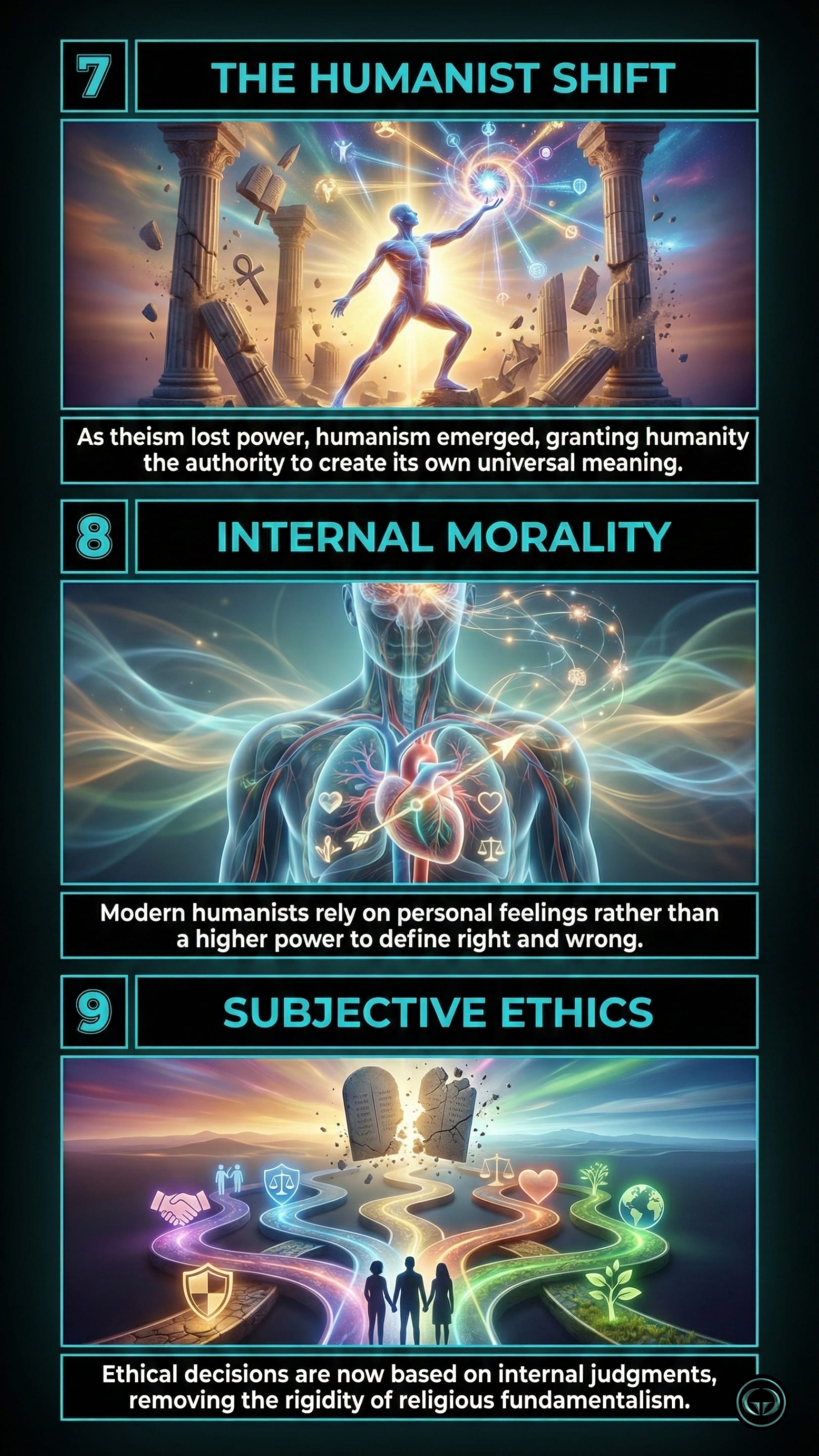 Visual book summary of Homo Deus by Yuval Noah Harari: 7. The Humanist Shift showing a human figure creating universal meaning; 8. Internal Morality depicting the human heart and brain as a source of right and wrong; 9. Subjective Ethics showing diverse paths of personal judgment.