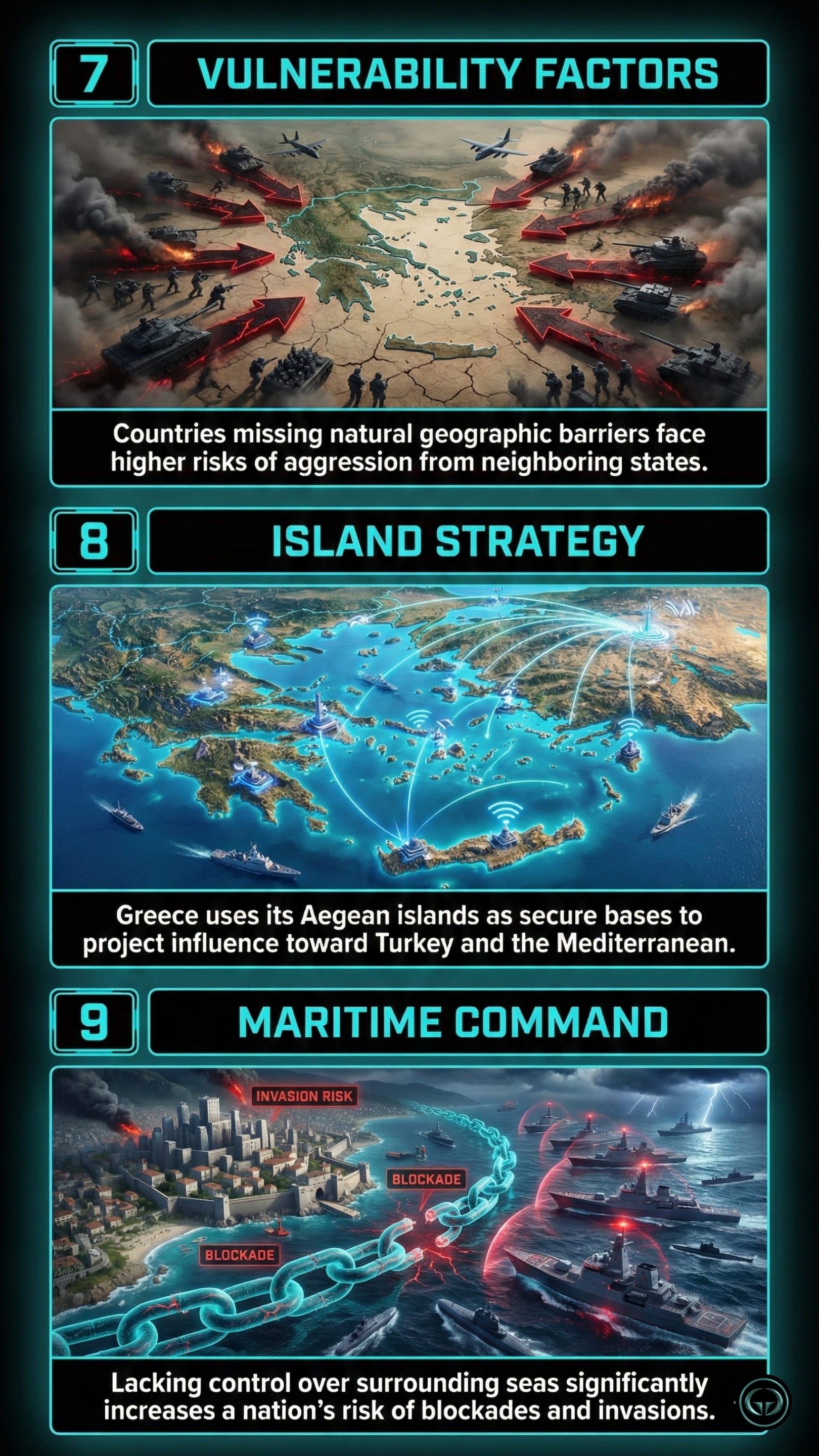 Panel 7: Vulnerability Factors. A map of Greece and the surrounding region with large red arrows pointing inward from all sides. Tanks and planes are shown at the borders, illustrating the risks faced by countries without natural geographic barriers.  Panel 8: Island Strategy. A high-angle view of the Aegean Sea dotted with Greek islands. Glowing blue lines and signals connect the islands to naval ships and a central tower, showing how islands serve as strategic bases for influence.  Panel 9: Maritime Command. A coastal city under threat, with a giant, glowing blue chain link breaking in the water. Naval destroyers and submarines are positioned nearby, representing the danger of blockades and the necessity of controlling the sea.