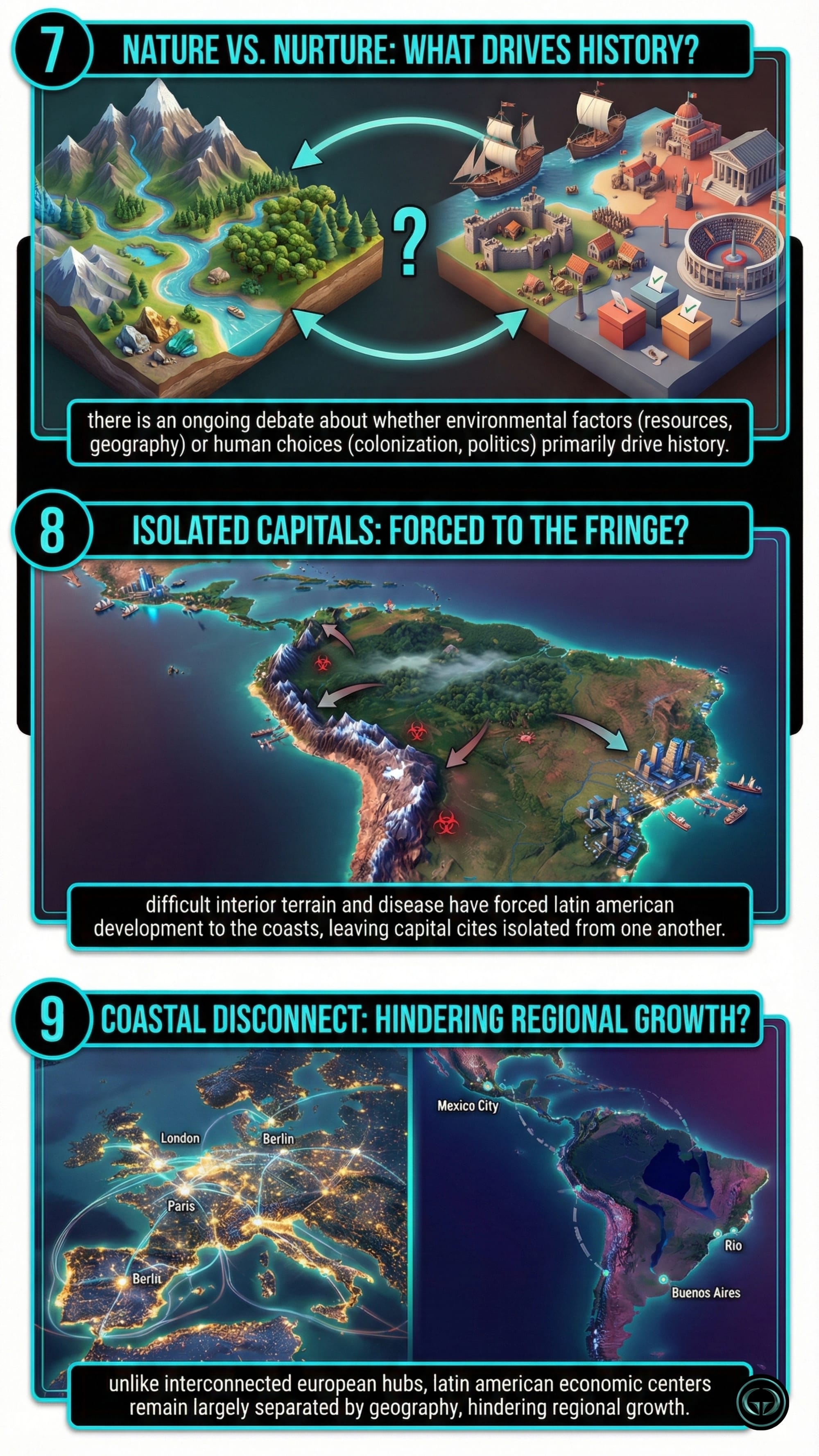 Comparative infographic on global development: 7) Nature vs. Nurture debate between environmental factors and human choices; 8) Isolated Capitals in Latin America showing development pushed to the coasts by difficult interior terrain; 9) Coastal Disconnect comparing the interconnected city hubs of Europe to the geographically separated economic centers of South America.