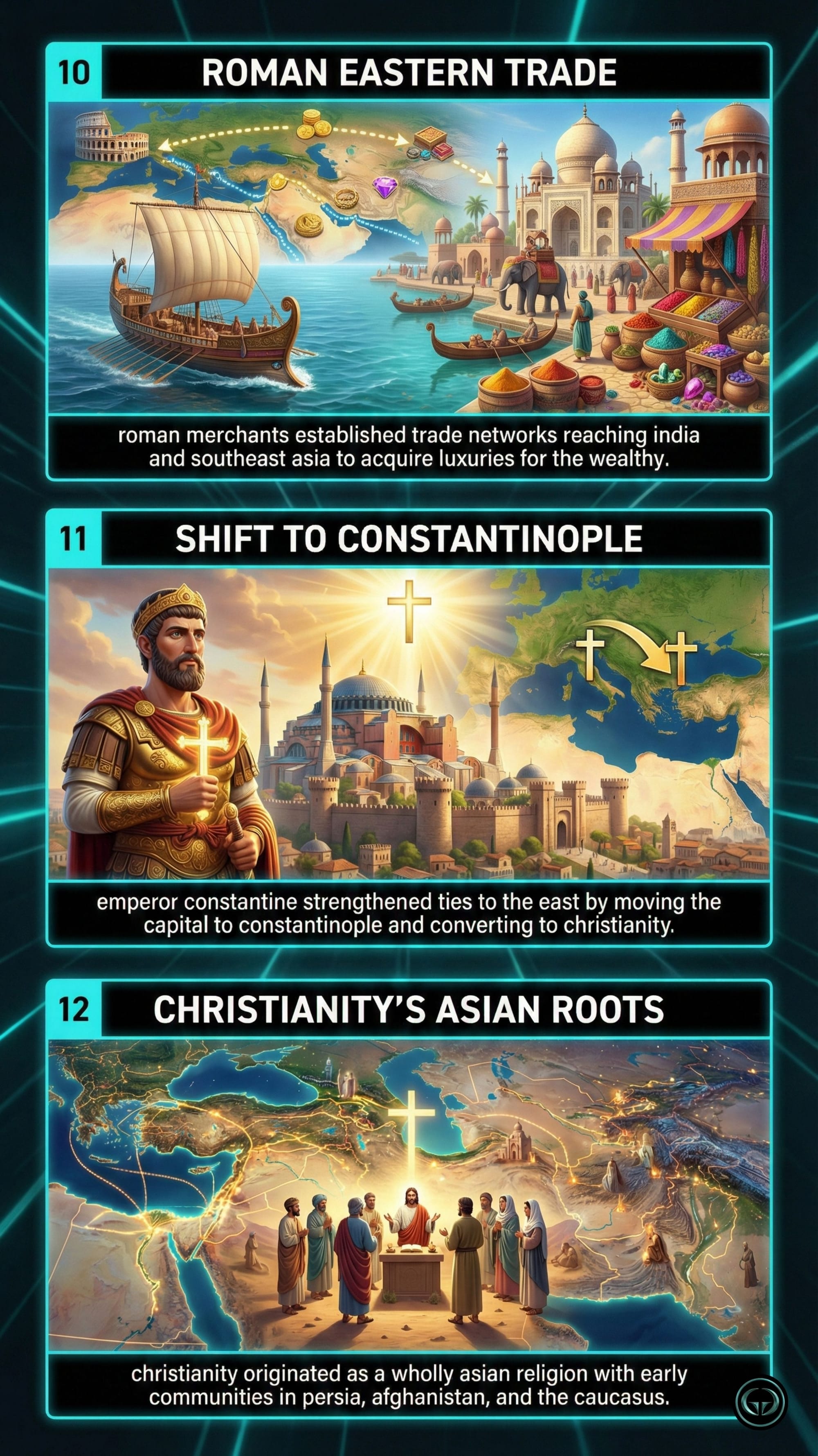 Graphic Gyaan book breakdown of The Silk Roads: Panels 10-12 show Roman eastern trade networks reaching India, the shift of the imperial capital to Constantinople, and the Asian roots of early Christianity in Persia and Afghanistan.