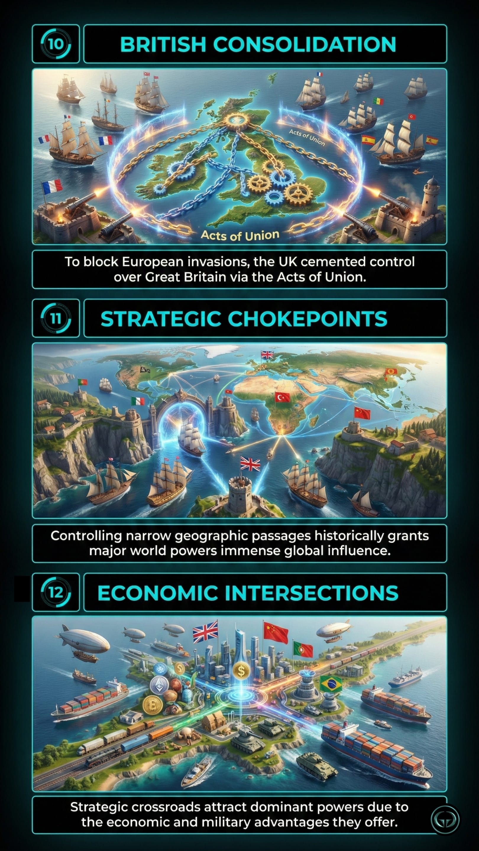 Panel 10: British Consolidation. A map of the British Isles surrounded by a glowing ring and a heavy chain labeled "Acts of Union." Historical sailing ships representing European powers (France, Spain) are kept at bay by coastal cannons.  Panel 11: Strategic Chokepoints. A global map focusing on narrow maritime passages like the Strait of Gibraltar. Glowing gates and flags of world powers (UK, Turkey, China) mark these locations, showing their role in global influence.  Panel 12: Economic Intersections. A futuristic transport hub where shipping containers, trains, and airships converge at a central point marked with a dollar sign. Flags of various nations (UK, China, Brazil) surround the hub, highlighting the economic value of strategic crossroads.