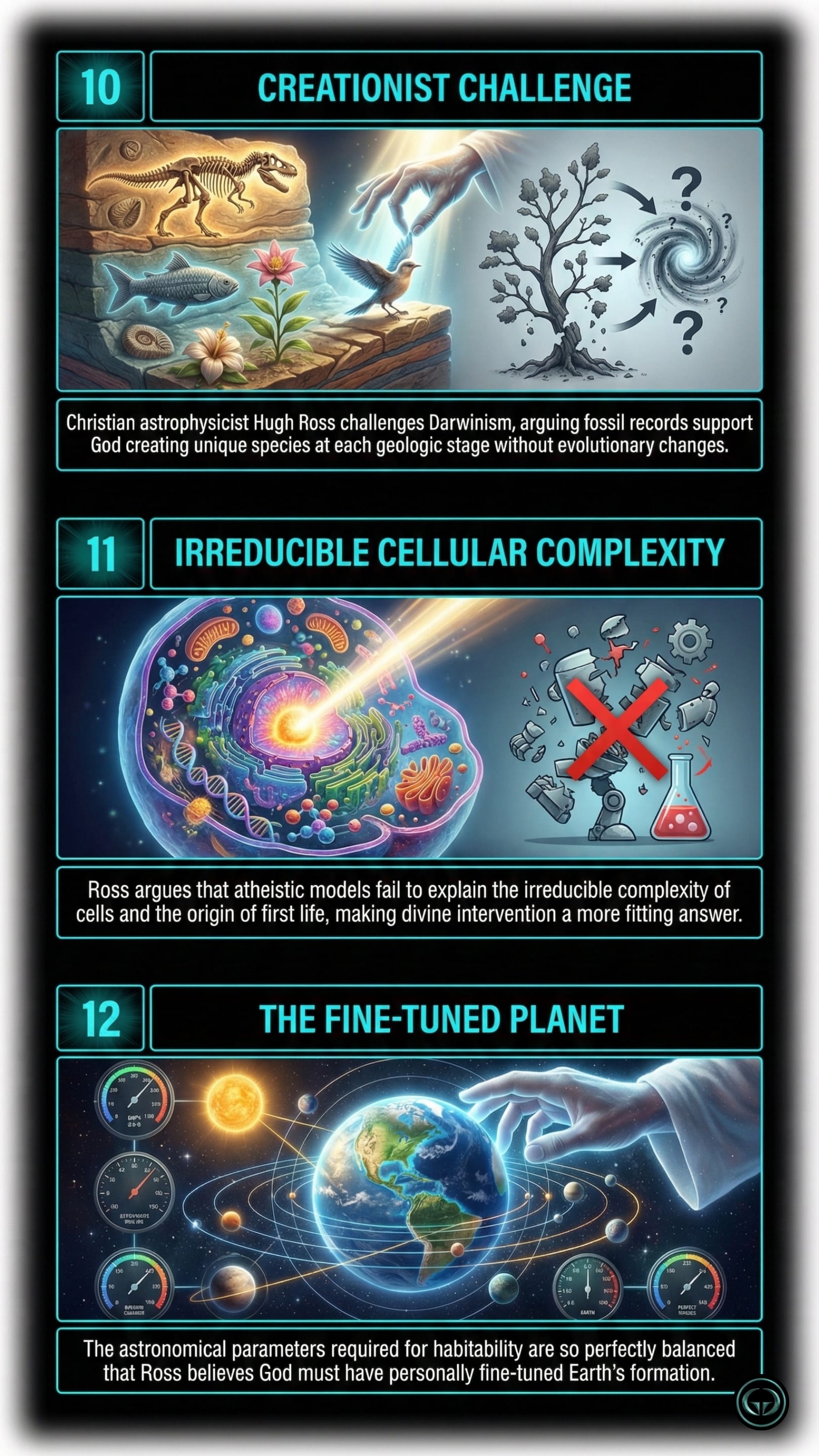 Graphic Gyaan book insights for Brief Answers to the Big Questions by Stephen Hawking. Three panels explaining insights 10 to 12: The Creationist Challenge, Irreducible Cellular Complexity, and The Fine-Tuned Planet.
