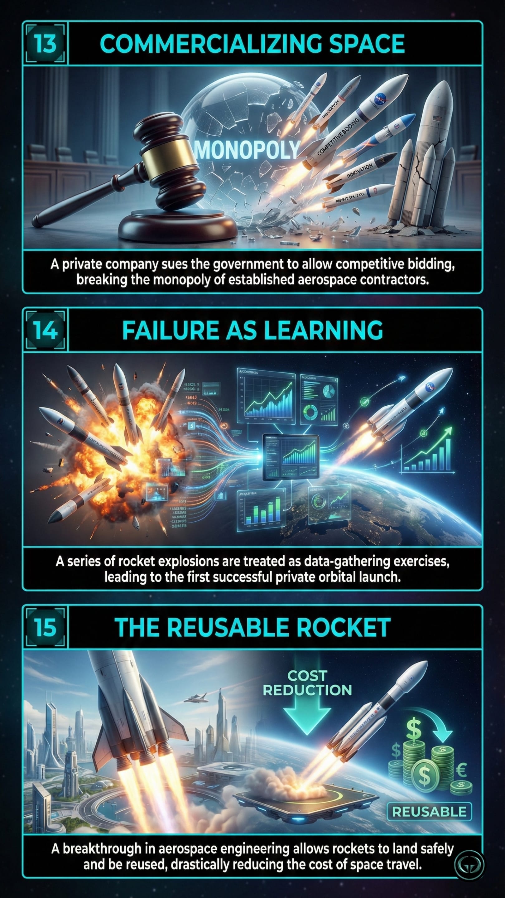 SpaceX insights from the Elon Musk biography by Walter Isaacson. Panel 13 (Commercializing Space) shows a private company suing to break aerospace monopolies. Panel 14 (Failure as Learning) depicts rocket explosions used as data-gathering exercises. Panel 15 (The Reusable Rocket) illustrates the cost-saving breakthrough of landing rockets safely.