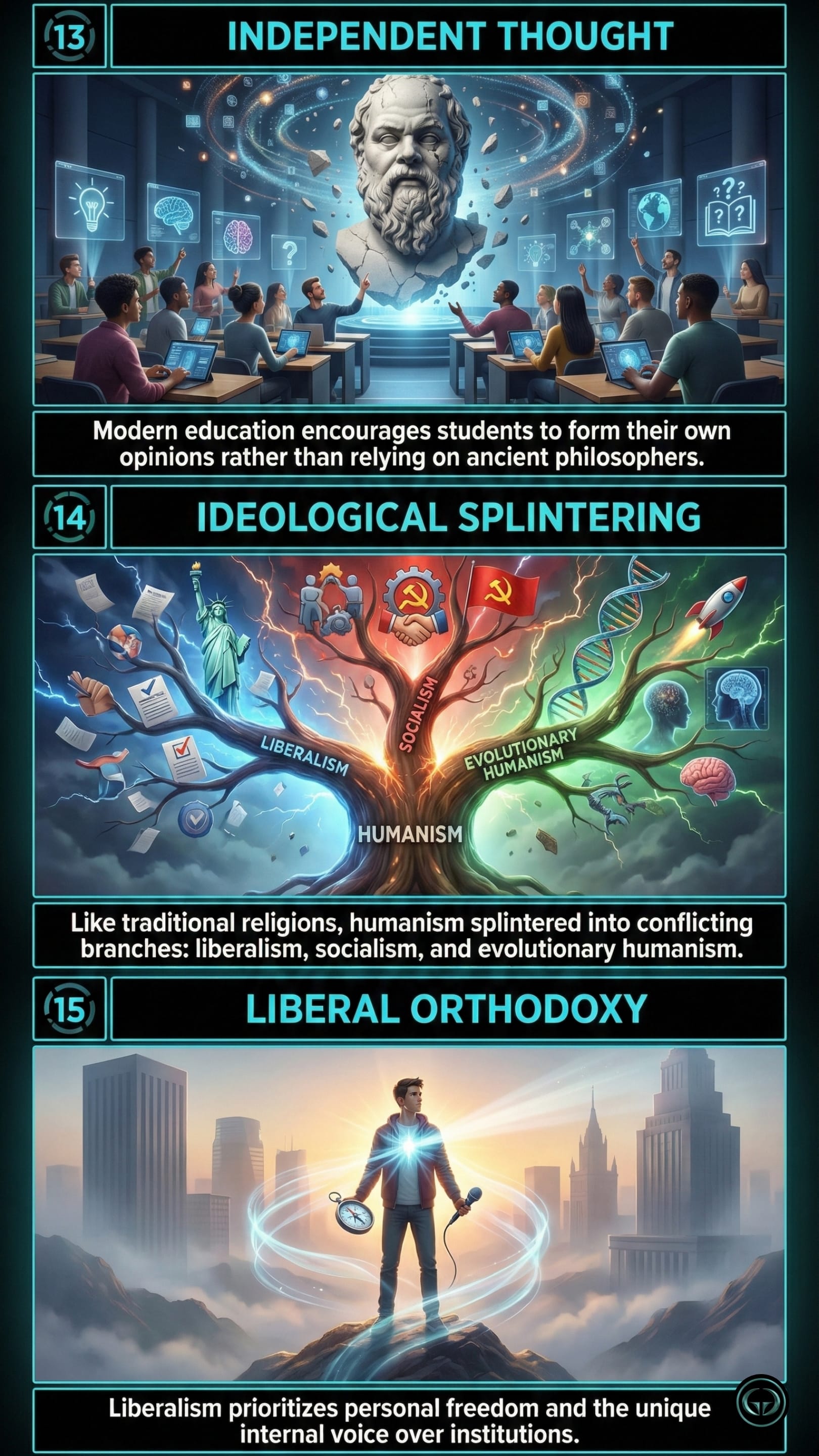 Three insights from Homo Deus: 13. Independent Thought featuring modern education and student opinions; 14. Ideological Splintering showing the branches of Liberalism, Socialism, and Evolutionary Humanism; 15. Liberal Orthodoxy depicting personal freedom and the internal voice.
