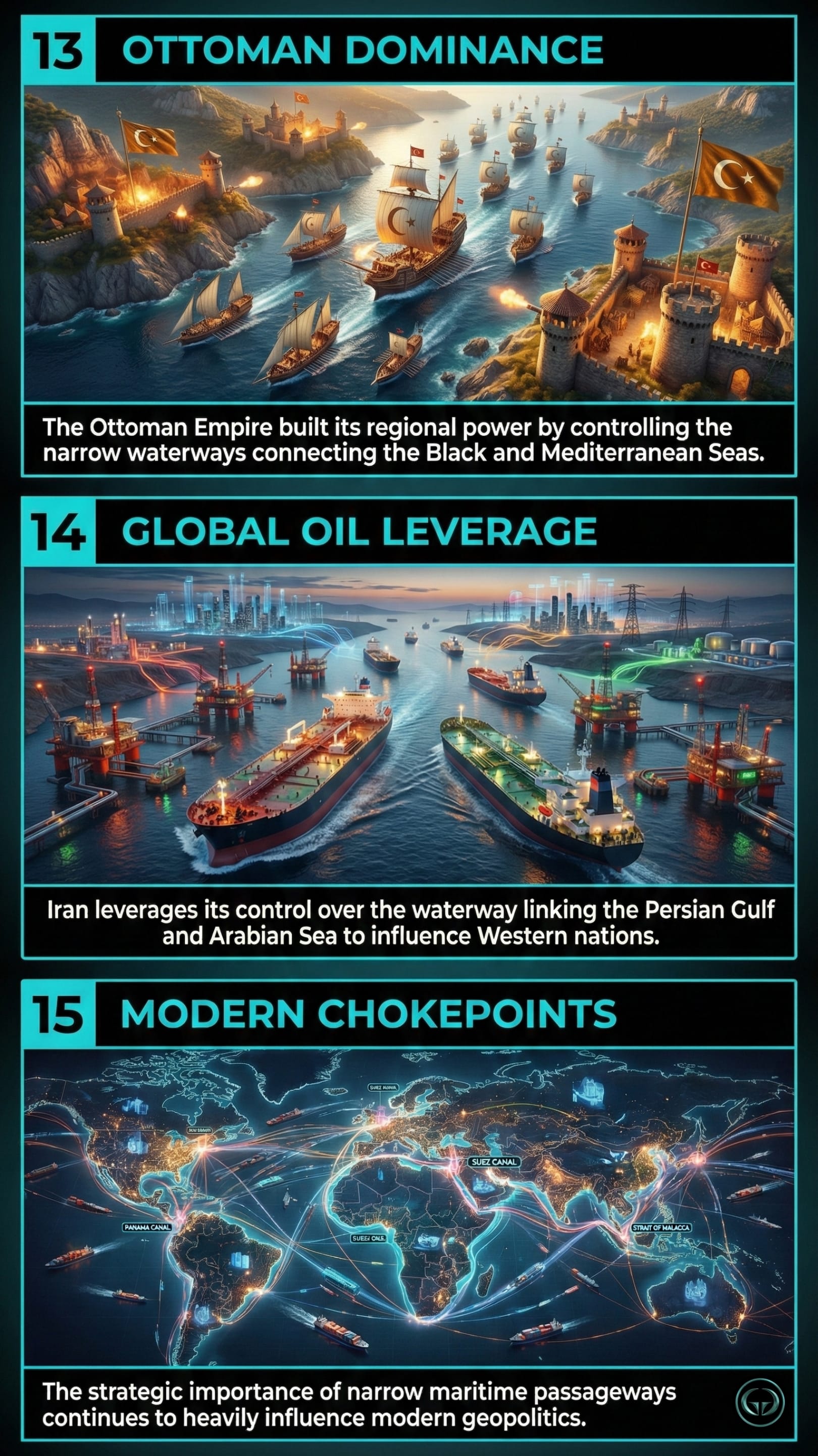 Panel 13: Ottoman Dominance. A fleet of Ottoman ships with crescent-moon sails navigating a narrow, fortified strait. Fortresses on either side of the waterway fire cannons, illustrating historical control over the Black and Mediterranean Seas.  Panel 14: Global Oil Leverage. A fleet of massive oil tankers moving through a narrow waterway at night, flanked by glowing oil rigs and a modern city skyline. This depicts Iran's leverage over the Strait of Hormuz.  Panel 15: Modern Chokepoints. A dark world map with glowing "heat maps" of trade routes. Key maritime passages like the Suez Canal, Panama Canal, and Strait of Malacca are highlighted with labels, showing their continued importance in modern geopolitics.