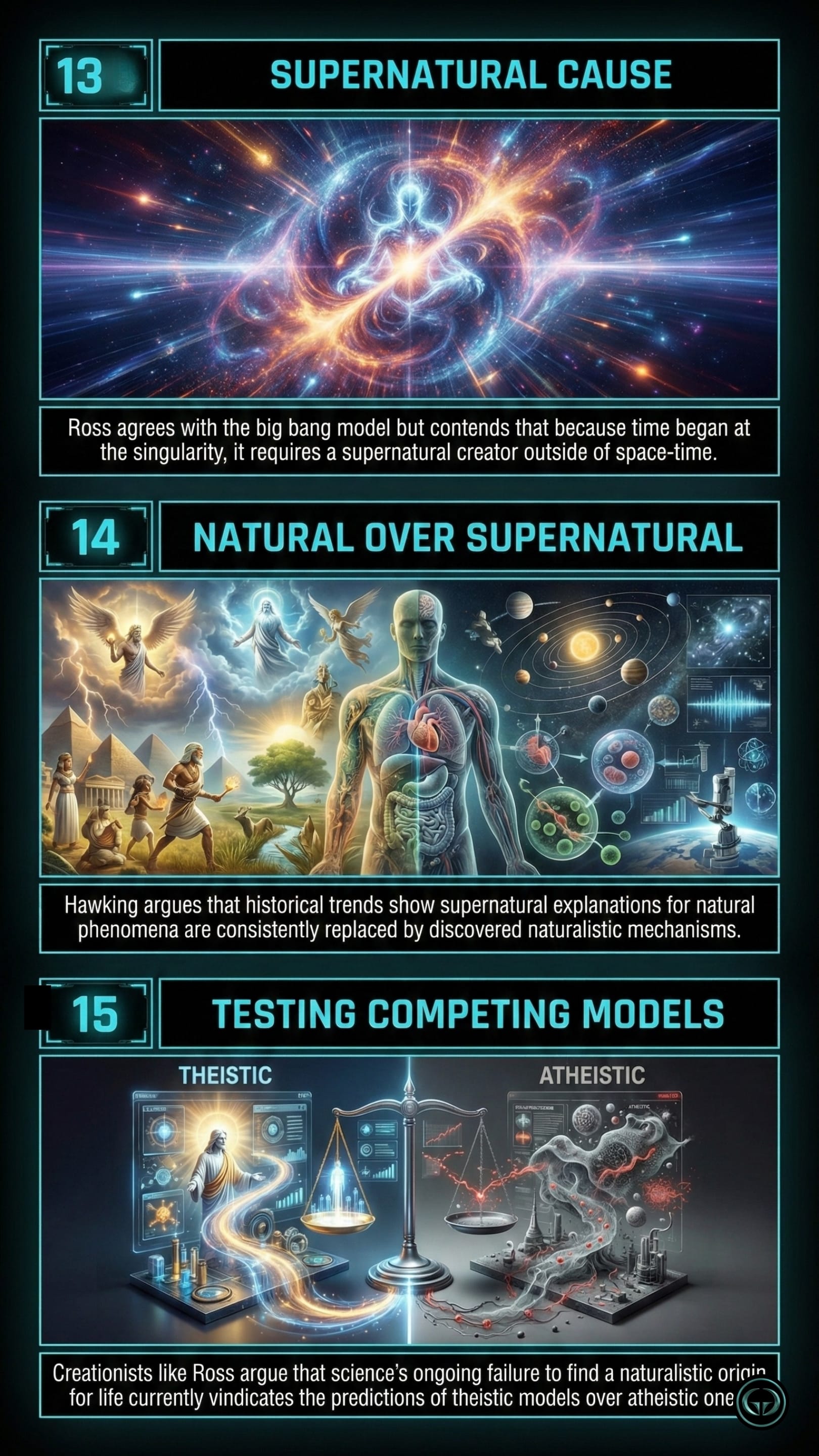 Visual book summary of Brief Answers to the Big Questions by Stephen Hawking on Graphic Gyaan. Features insights 13 to 15: Supernatural Cause, Natural Over Supernatural explanations, and Testing Competing Models.