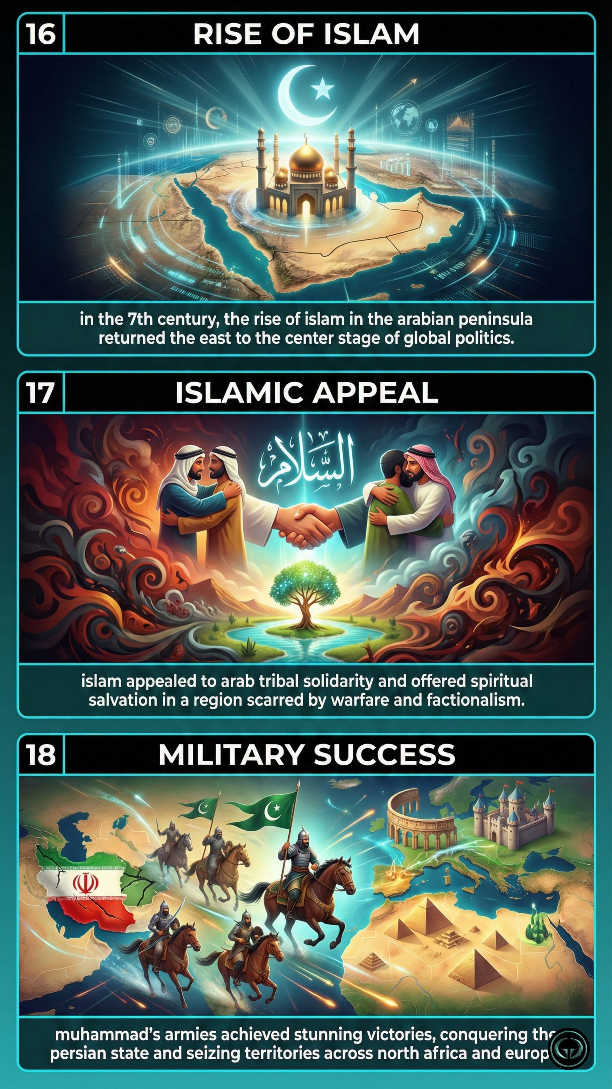 The Silk Roads illustrated summary: Panels 16-18 depict the 7th-century rise of Islam in the Arabian Peninsula, its spiritual and tribal appeal, and the rapid military success of early Islamic conquests across Persia and North Africa.