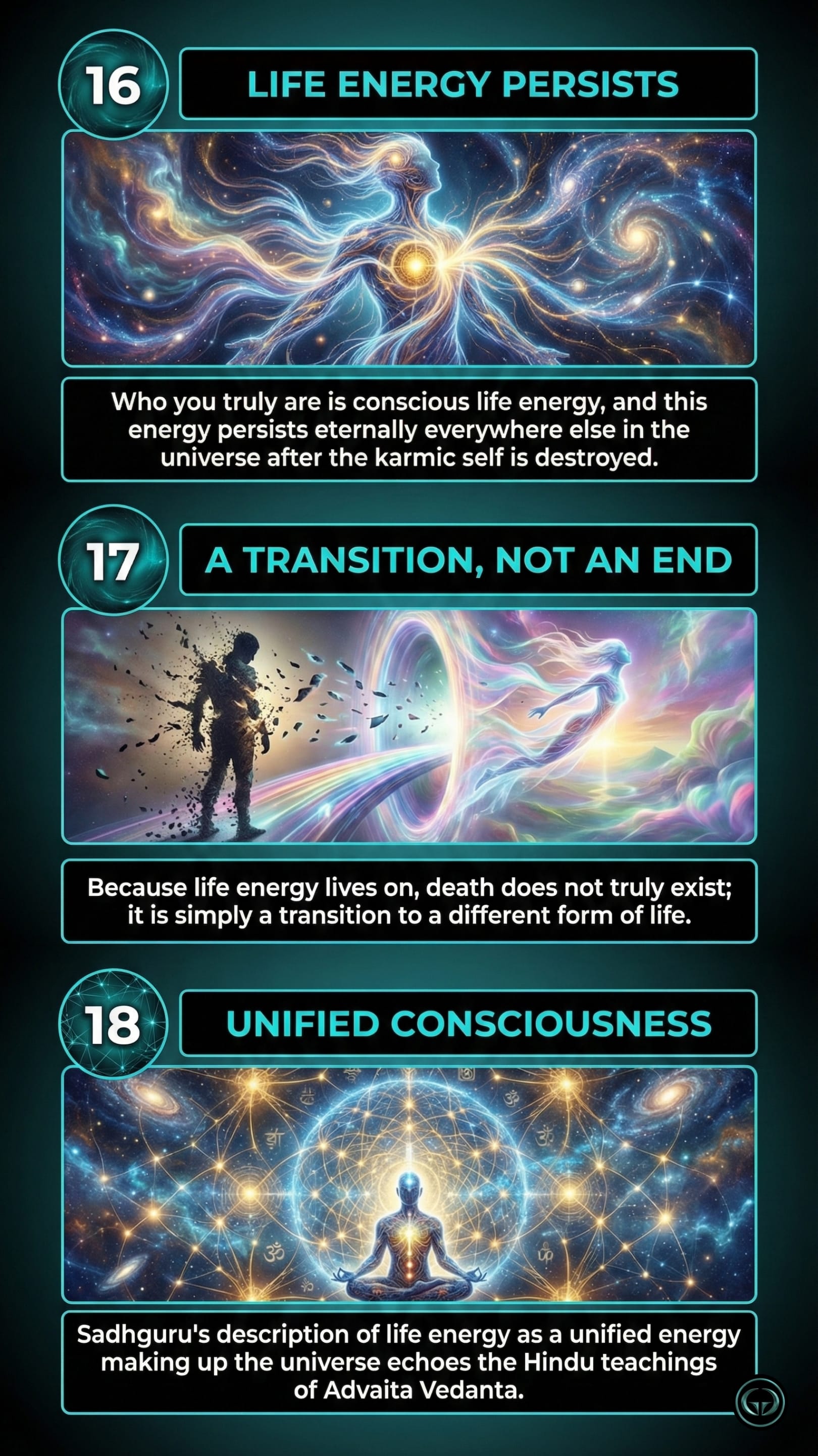 Final insights from Sadhguru’s book Death showing how life energy persists after the karmic self, death as a transition, and the link to Advaita Vedanta’s unified consciousness.
