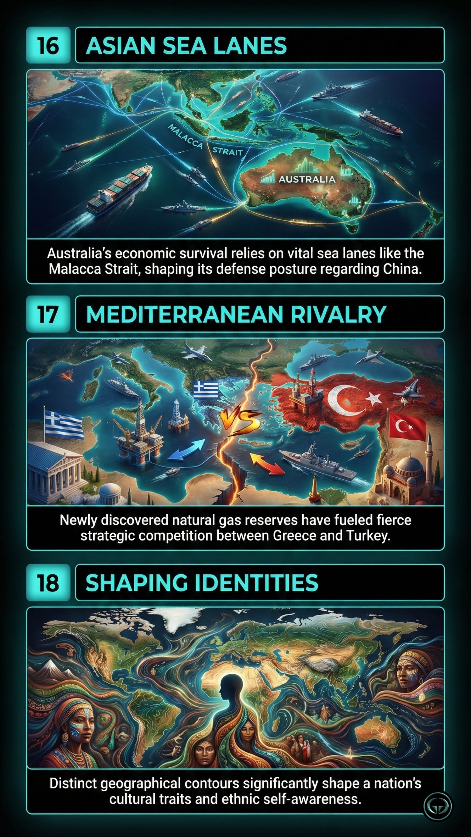 Panel 16: Asian Sea Lanes. A map of Southeast Asia and Australia with glowing trade routes passing through the Malacca Strait. Naval vessels patrol the lanes, highlighting Australia’s economic dependence on these specific maritime paths.  Panel 17: Mediterranean Rivalry. A map showing Greece and Turkey separated by a glowing orange rift in the sea. Icons of oil rigs and fighter jets appear on both sides, representing the strategic competition over natural gas reserves.  Panel 18: Shaping Identities. An abstract, artistic world map where the continents are formed by swirling patterns and the faces of diverse ethnic groups. The silhouettes of people are integrated into the landmasses, symbolizing how geography shapes cultural and ethnic identity.