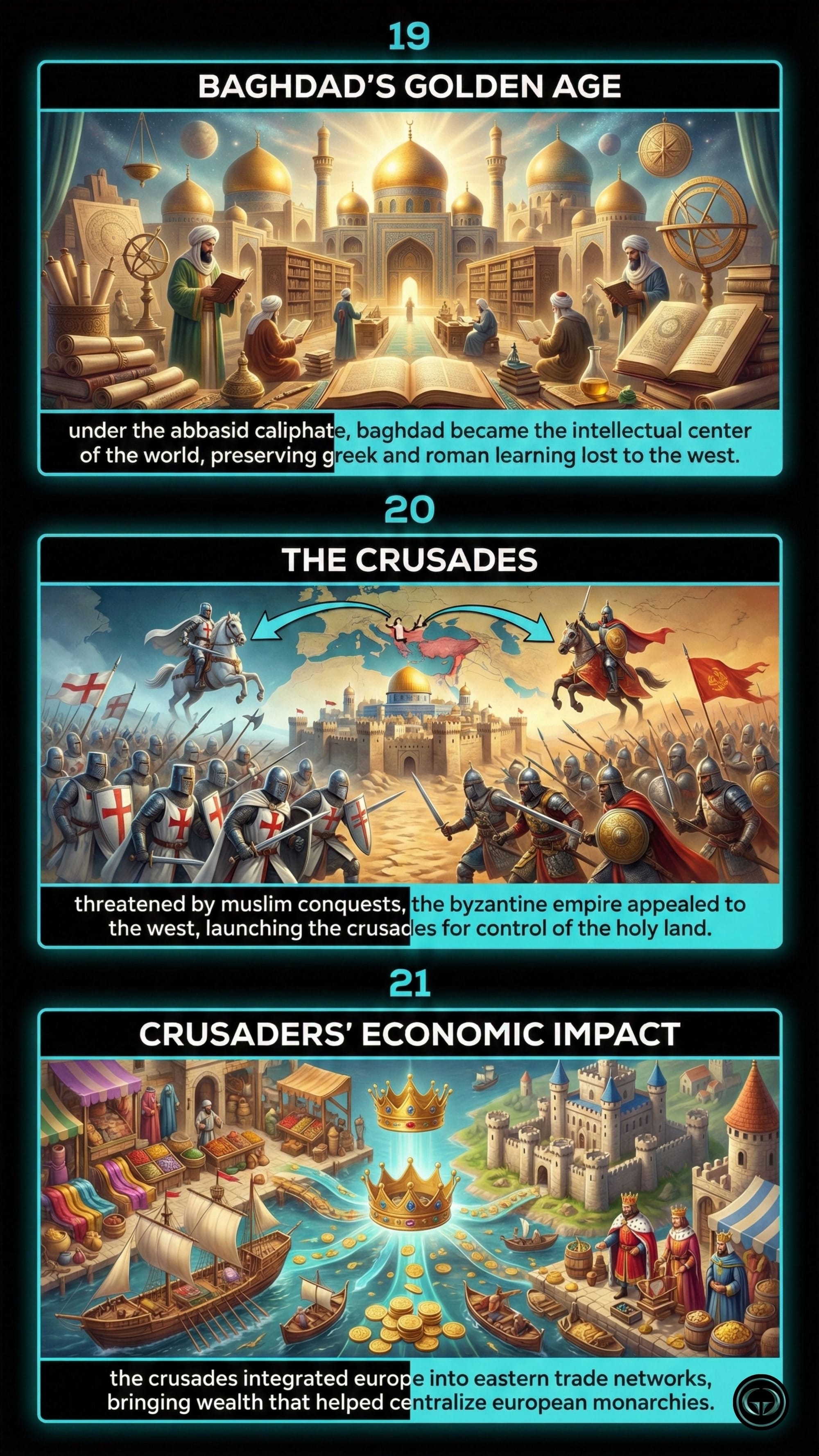 Graphic summary of The Silk Roads: Panel 19 shows Baghdad’s Golden Age of learning; Panel 20 depicts the Crusades for the Holy Land; Panel 21 illustrates the Crusades' economic impact on European trade and wealth.