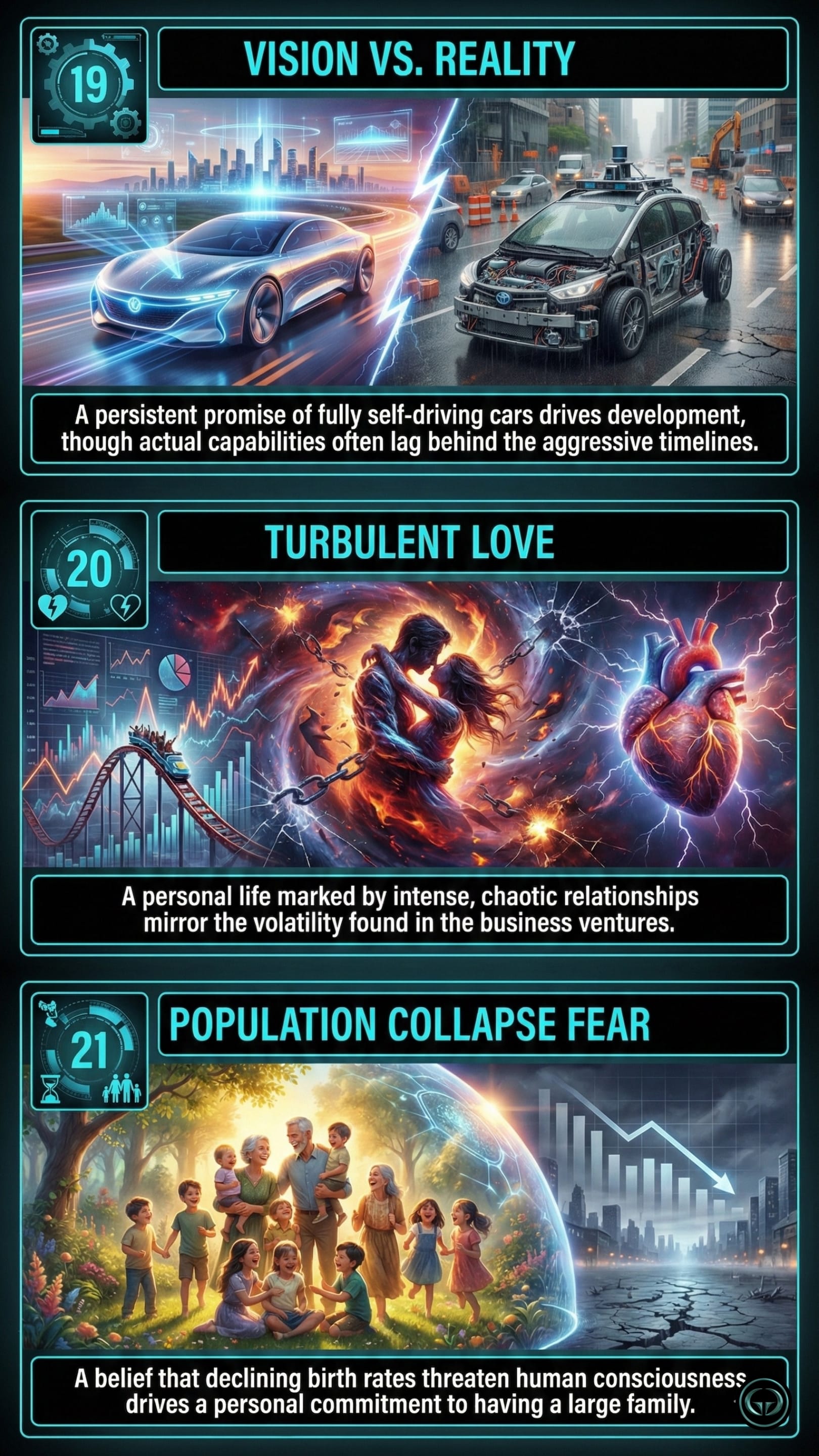 Visual summary of Tesla challenges and personal beliefs from Elon Musk's biography. Panel 19 (Vision vs. Reality) compares the promise of self-driving cars with current capabilities. Panel 20 (Turbulent Love) depicts chaotic personal relationships mirroring business volatility. Panel 21 (Population Collapse Fear) illustrates a commitment to large families to counter declining birth rates.
