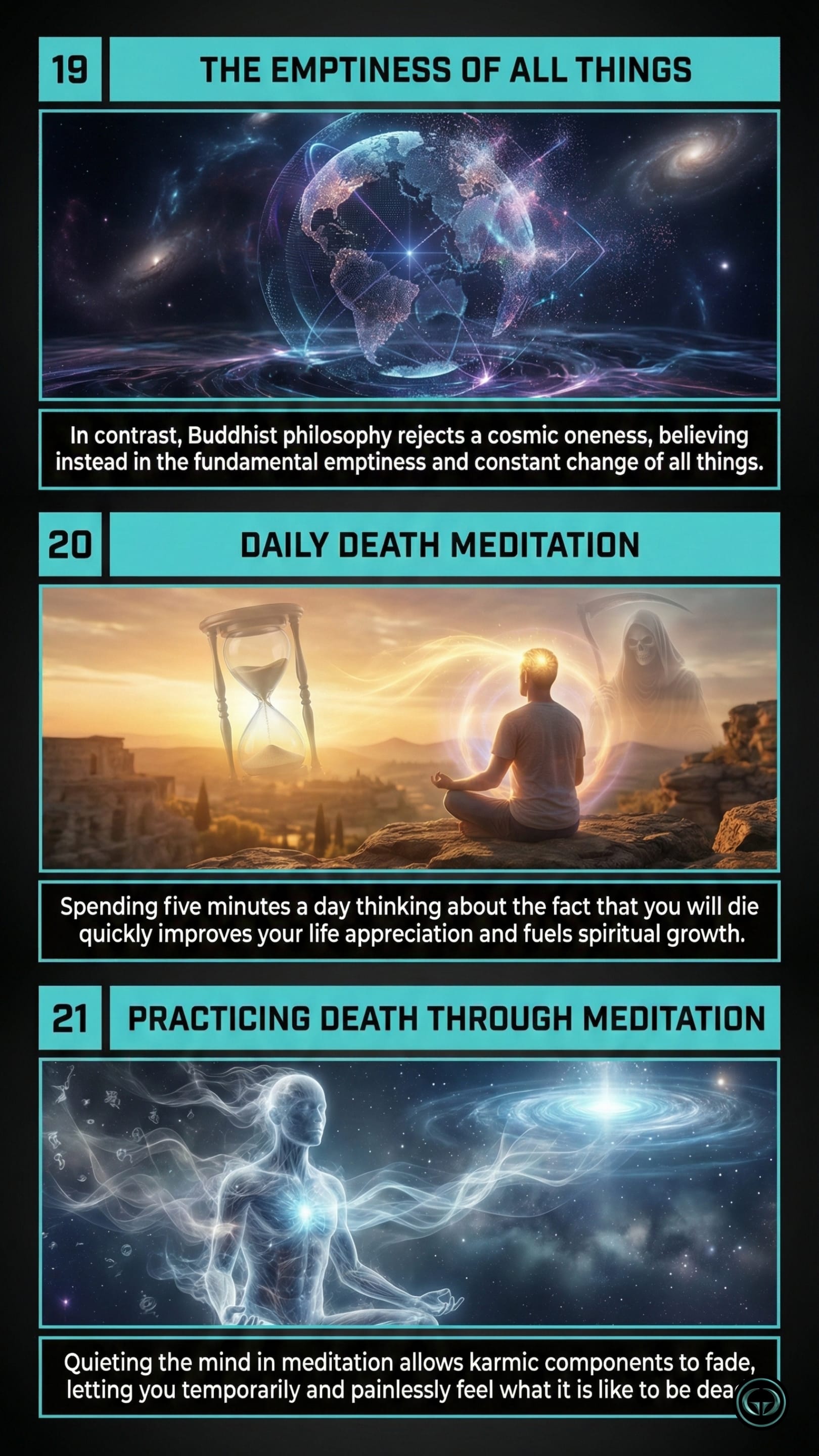 Infographic of Sadhguru's book 'Death' featuring Buddhist philosophy on emptiness, the practice of daily death meditation for spiritual growth, and using meditation to understand the transition of karmic components.