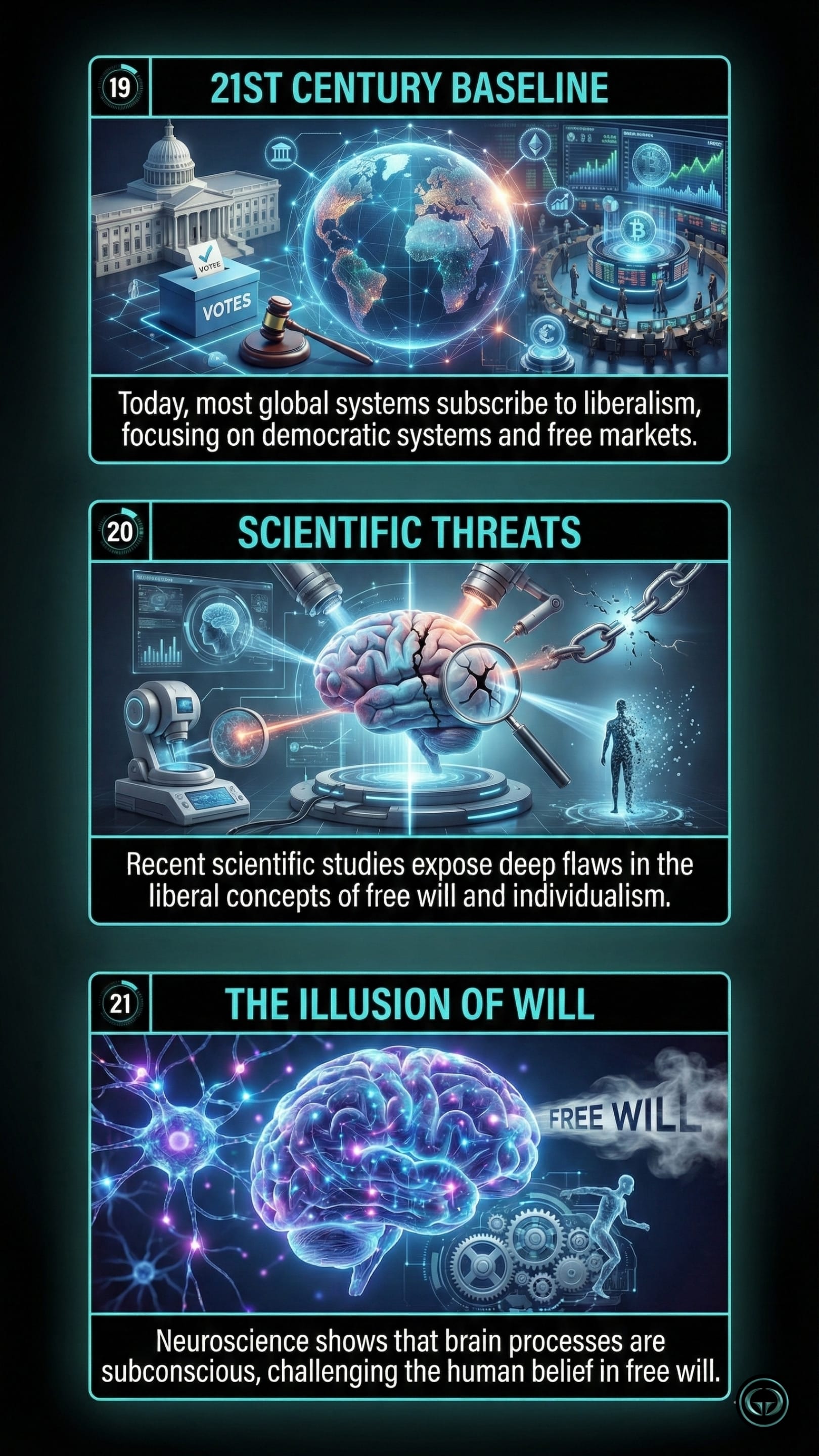 Infographic of Homo Deus by Yuval Noah Harari showing 21st Century Baseline liberalism, scientific threats to individualism, and the neuroscience-backed illusion of free will.