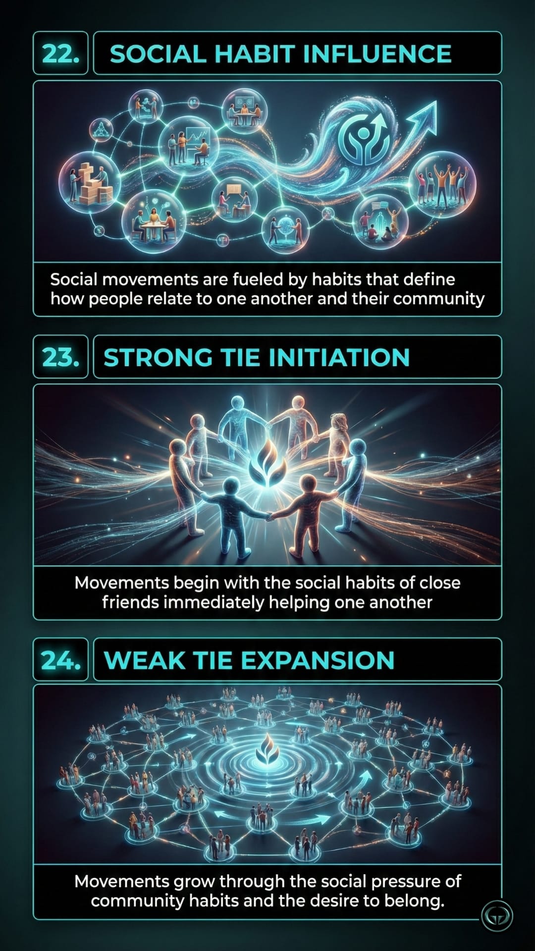 Panel 22: A graphic insight of the book 'The Power Of Habit' titled "Social Habit Influence," showing people connected in bubbles to illustrate how social movements are fueled by community habits. Panel 23: A graphic insight of the book 'The Power Of Habit' titled "Strong Tie Initiation," showing a small circle of friends holding hands around a flame, representing the start of a social movement. Panel 24: A graphic insight of the book 'The Power Of Habit' titled "Weak Tie Expansion," showing a massive, sprawling network of people to illustrate how movements grow through social pressure.