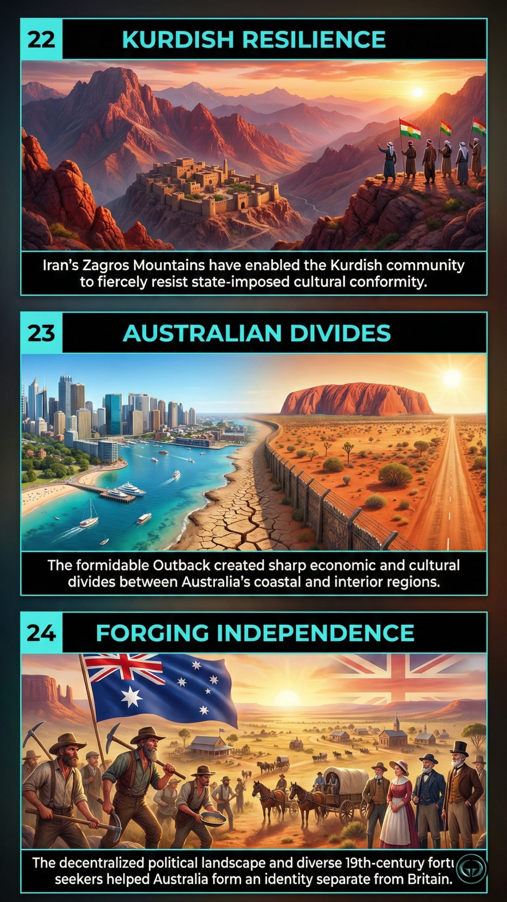 Insight 22: Kurdish Resilience. A dramatic visual of a stone fortress built into the side of the red, jagged Zagros Mountains in Iran. A group of people stands on a nearby ridge holding Kurdish flags, representing resistance against state conformity enabled by mountain terrain.  Insight 23: Australian Divides. A split-screen image showing a modern, blue-water coastal city on the left and the red, arid Outback with Uluru on the right, separated by a fence. This depicts the sharp economic and cultural divide created by Australia's formidable interior.  Insight 24: Forging Independence. A 19th-century historical scene of miners and settlers in the Australian bush under a large Australian flag, with a faded British Union Jack in the background sky, symbolizing the birth of a separate national identity.