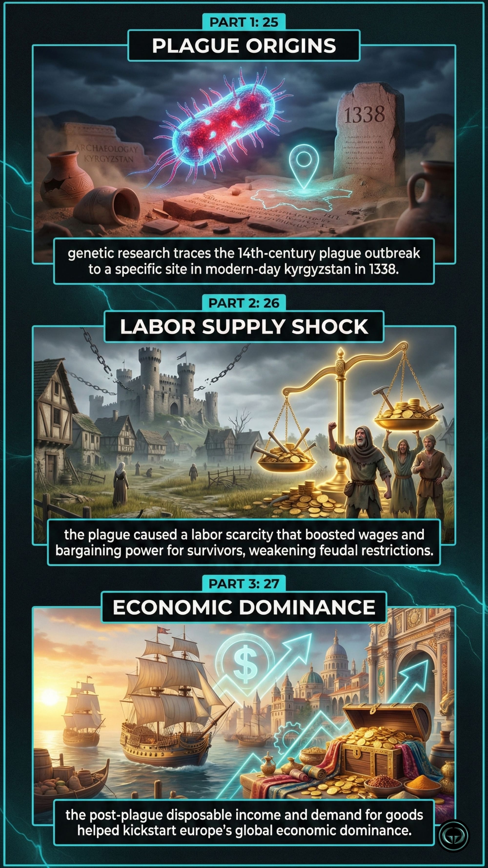 The Black Death and economic shifts: Panel 25 shows the plague origins in 1338 Kyrgyzstan; Panel 26 illustrates the labor supply shock and rising wages; Panel 27 shows how post-plague demand kickstarted European economic dominance