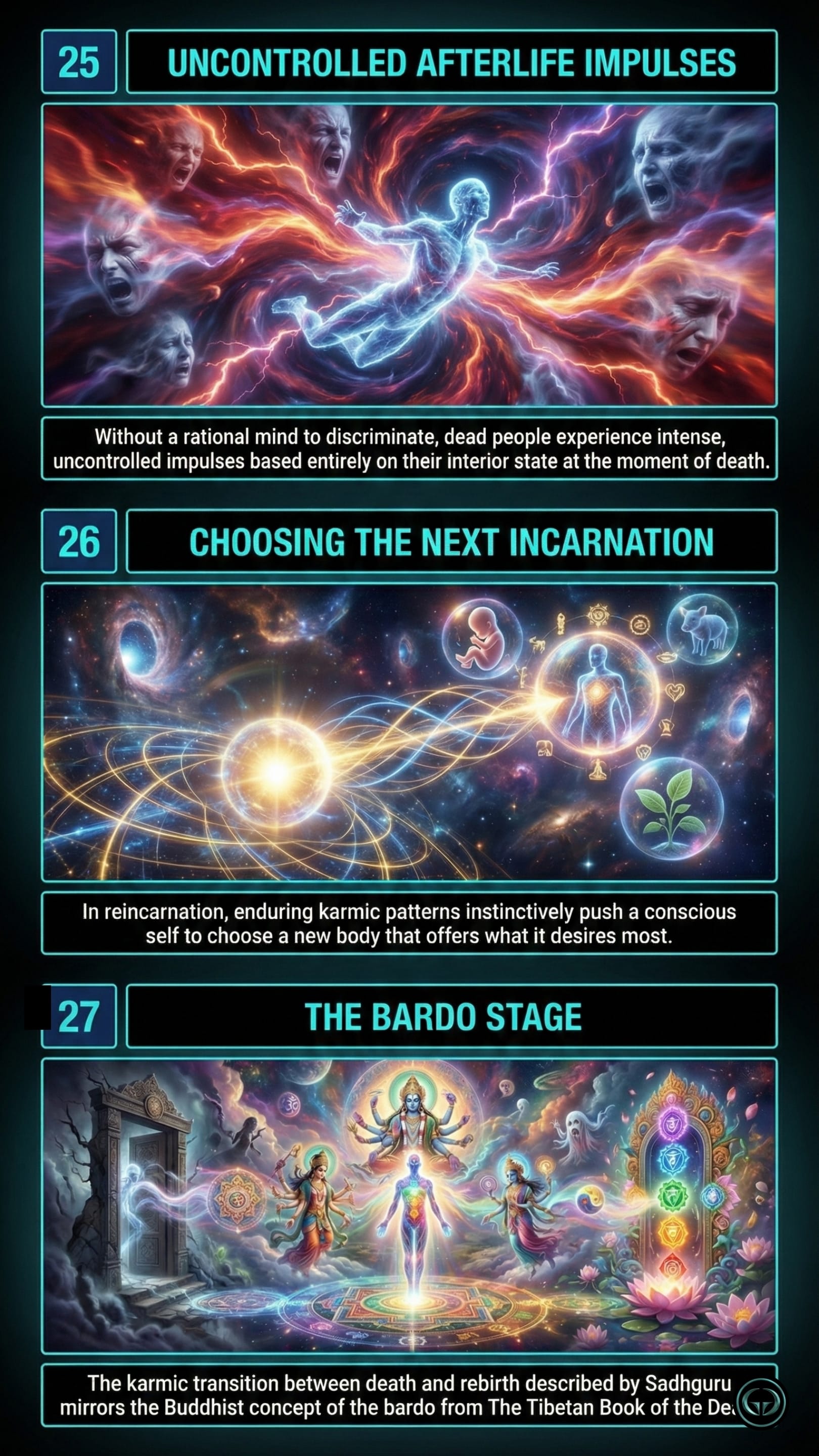 Visual summary of 'Death' by Sadhguru depicting uncontrolled afterlife impulses, the process of choosing the next incarnation based on karmic patterns, and the Bardo stage transition between death and rebirth.