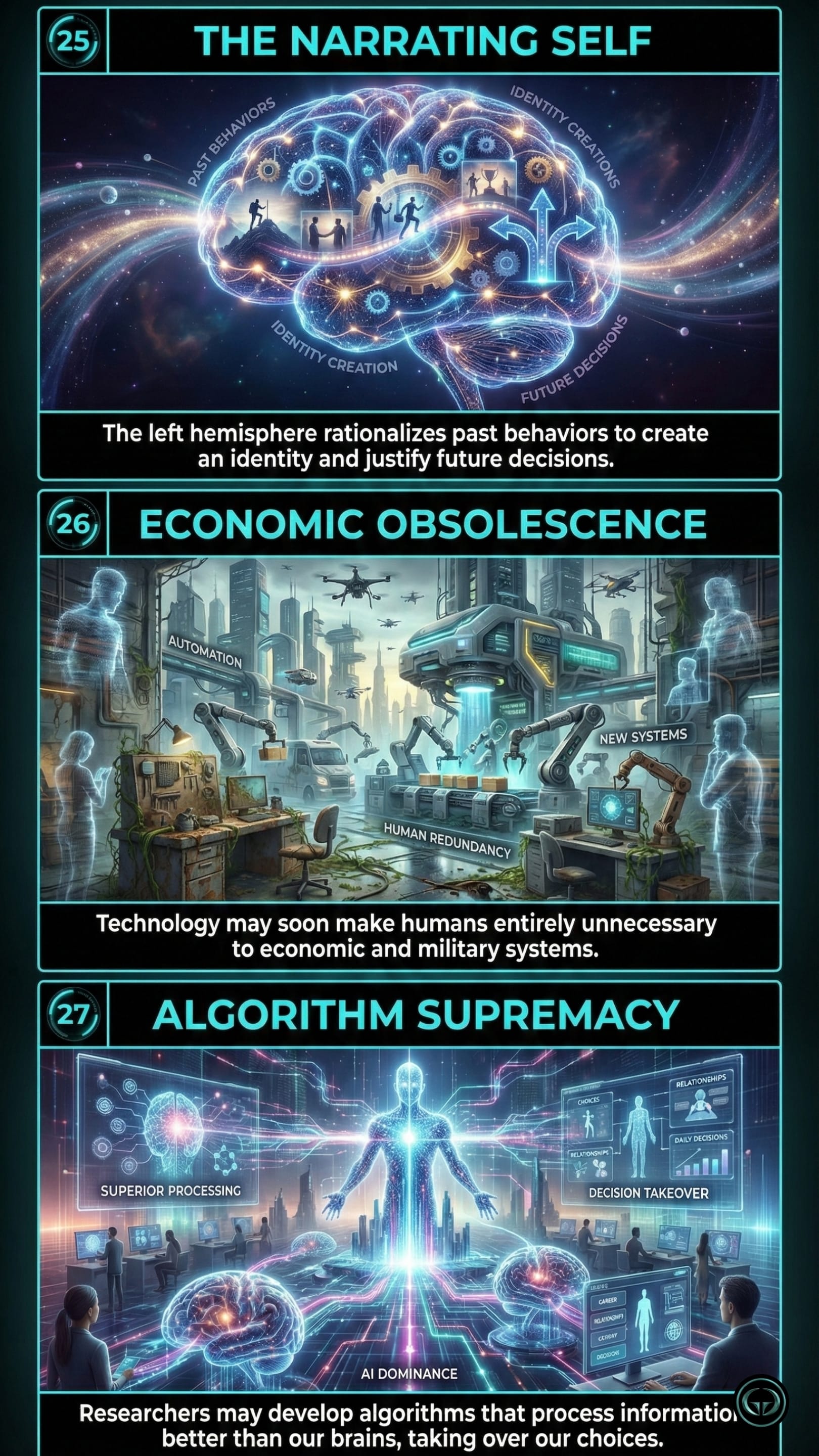 Yuval Noah Harari's Homo Deus concepts depicting the narrating self's identity creation, human economic obsolescence due to automation, and the rise of algorithm supremacy.