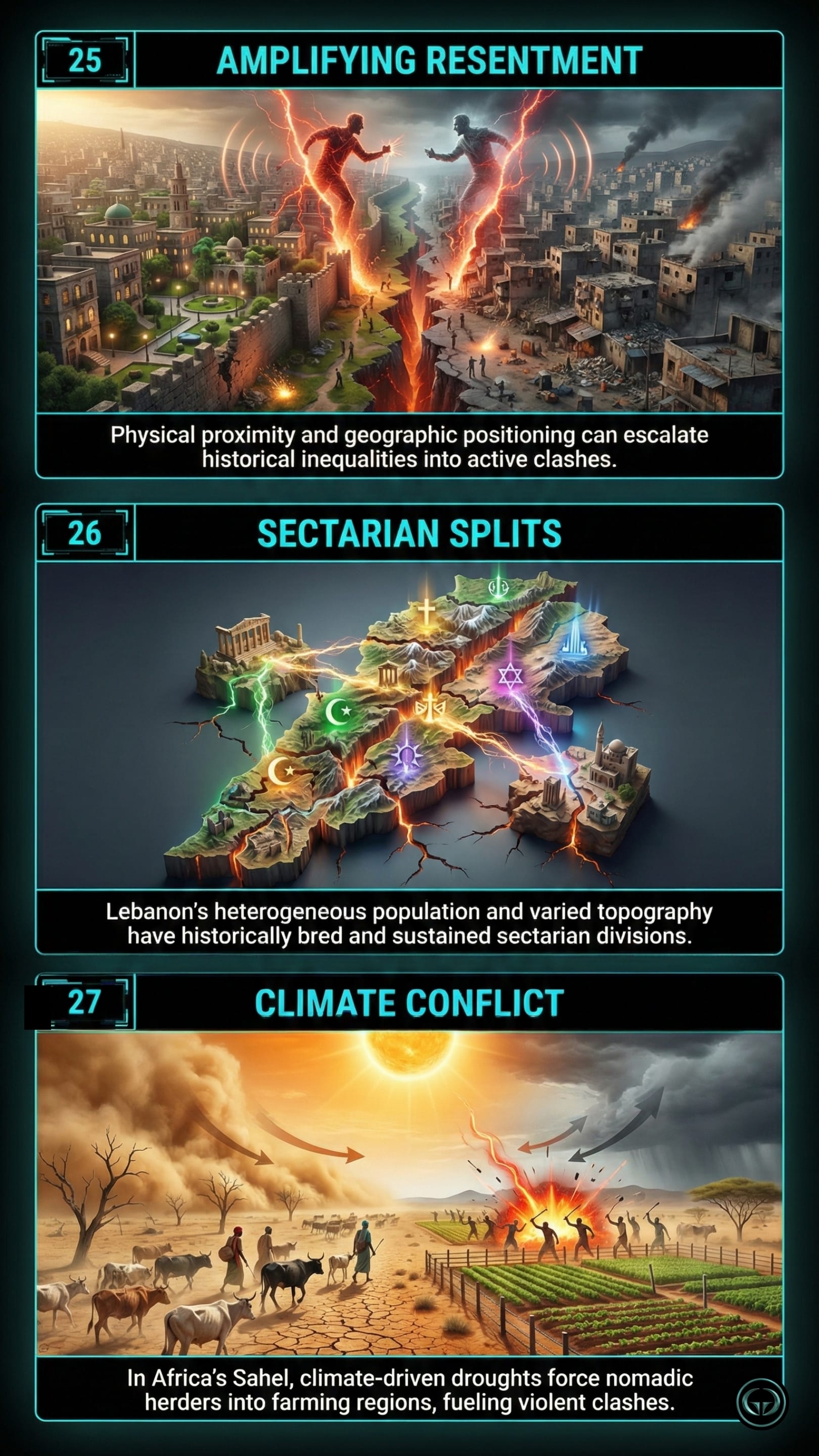 Insight 25: Amplifying Resentment. A stylised visual of two glowing, humanoid figures made of orange and blue energy facing off across a literal crack in a divided city. One side is lush and modern, the other is war-torn and grey, depicting how geographic proximity escalates inequality.  Insight 26: Sectarian Splits. A 3D map of Lebanon fragmented into floating islands, each marked with different religious symbols (Cross, Crescent, Star of David, etc.) and connected by bolts of electricity, illustrating how varied topography sustains sectarian divisions.  Insight 27: Climate Conflict. A landscape split between a parched, dusty desert with cattle on the left and a lush green farm on the right. In the center, people clash violently, representing how climate-driven droughts in Africa’s Sahel drive conflict between herders and farmers.