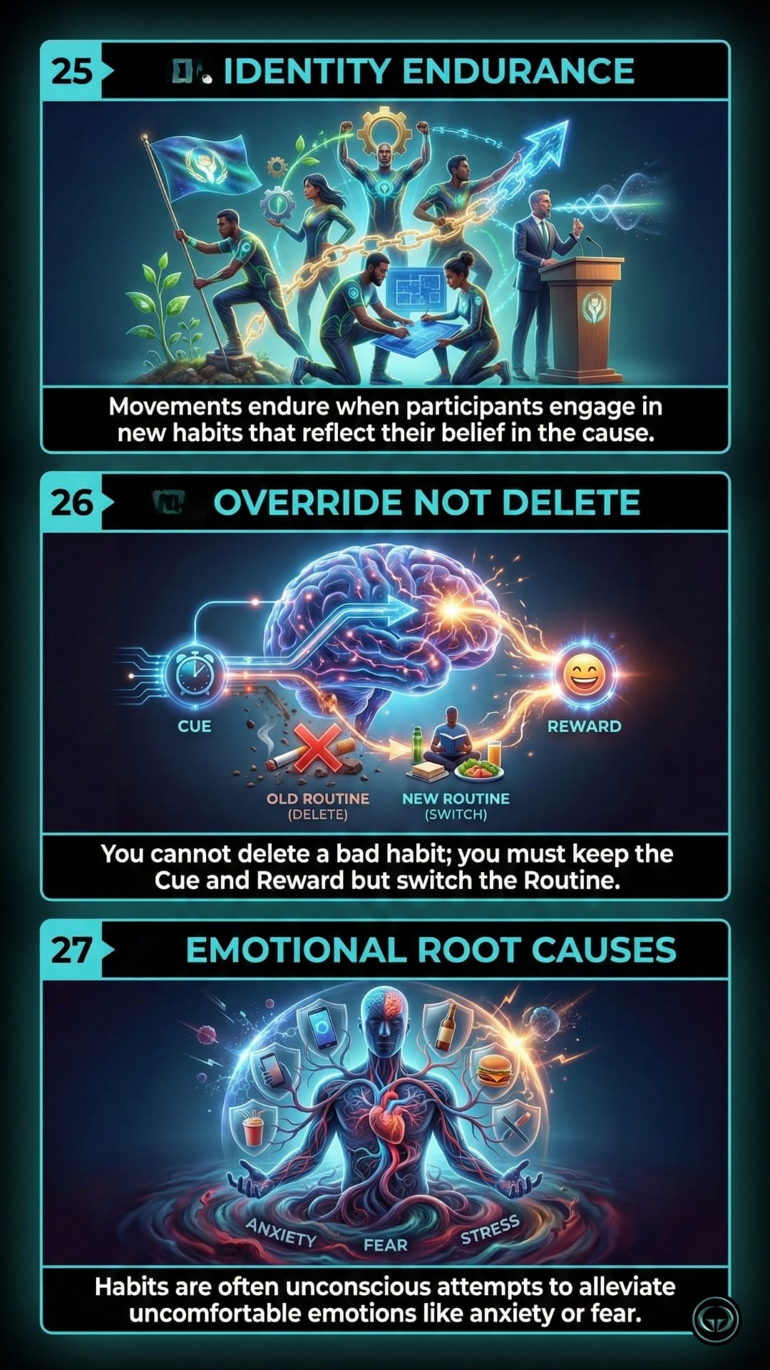 Panel 25: A graphic insight of the book 'The Power Of Habit' titled "Identity Endurance," showing a group of people holding a flag and working together, reflecting habits based on shared beliefs. Panel 26: A graphic insight of the book 'The Power Of Habit' titled "Override Not Delete," showing a path shifting away from a cigarette (old routine) toward healthy food and a book (new routine). Panel 27: A graphic insight of the book 'The Power Of Habit' titled "Emotional Root Causes," showing a figure surrounded by symbols of anxiety, fear, and stress, explaining habits as coping mechanisms.